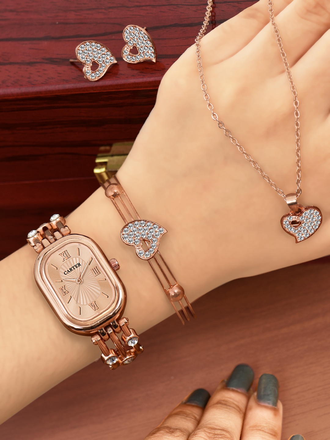 

Sandy D Carter Women Watch & Jewellery Gift Set, Rose gold