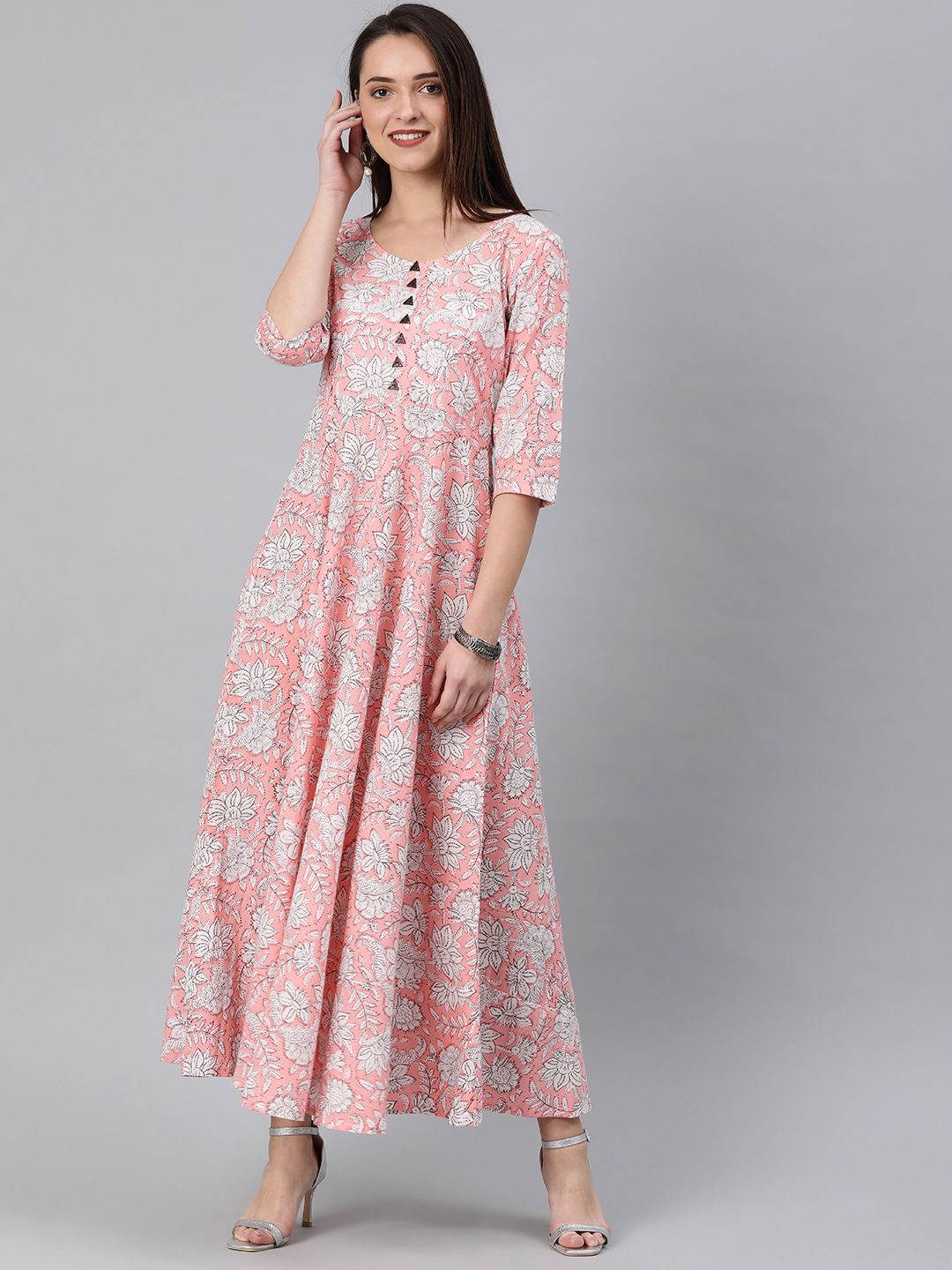 

Swishchick Women Printed Cotton Fit and Flare Maxi Dress, Peach