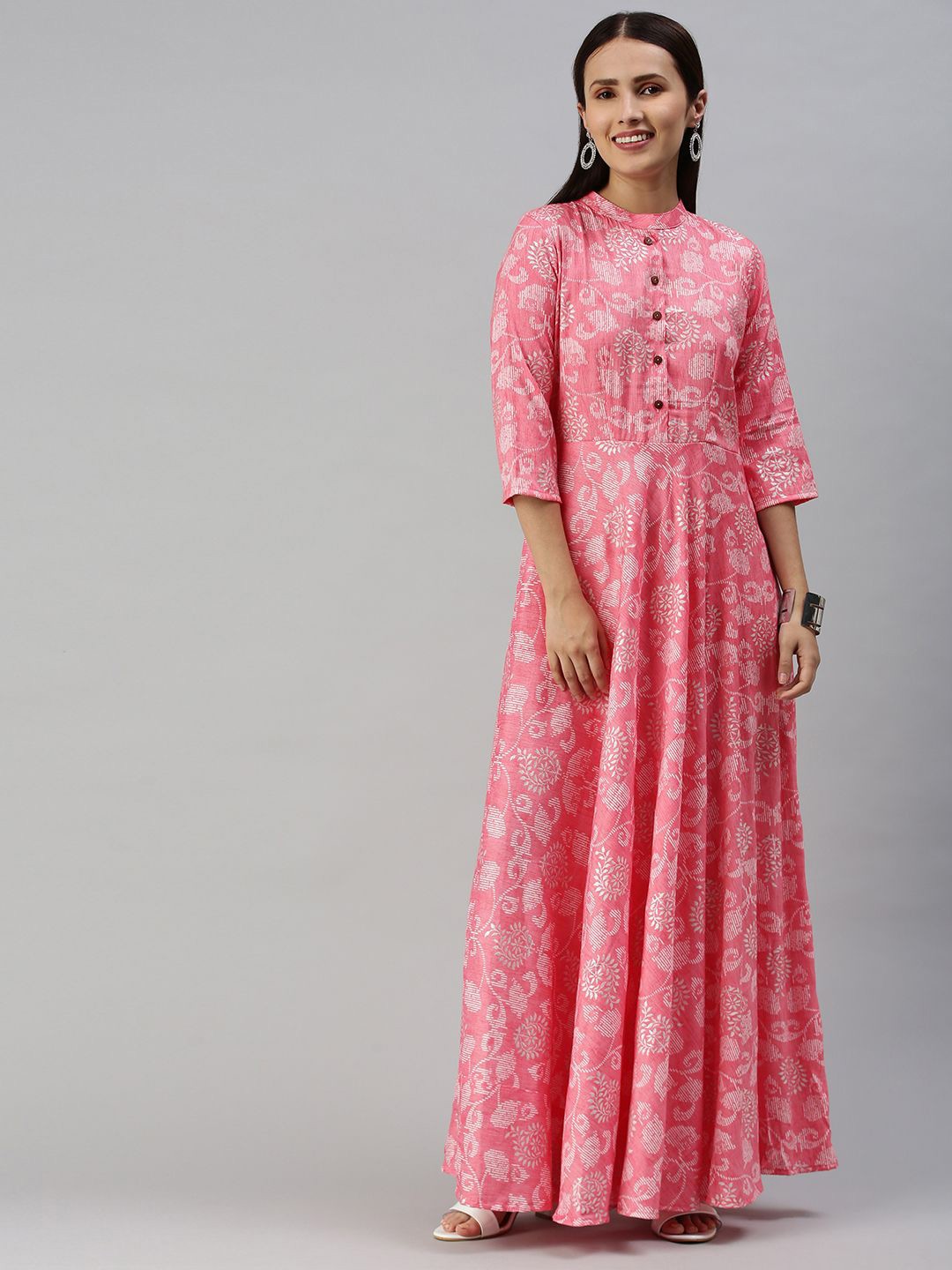 

Swishchick Women Printed Mandarin Collar Maxi Fit and Flare Dress, Pink