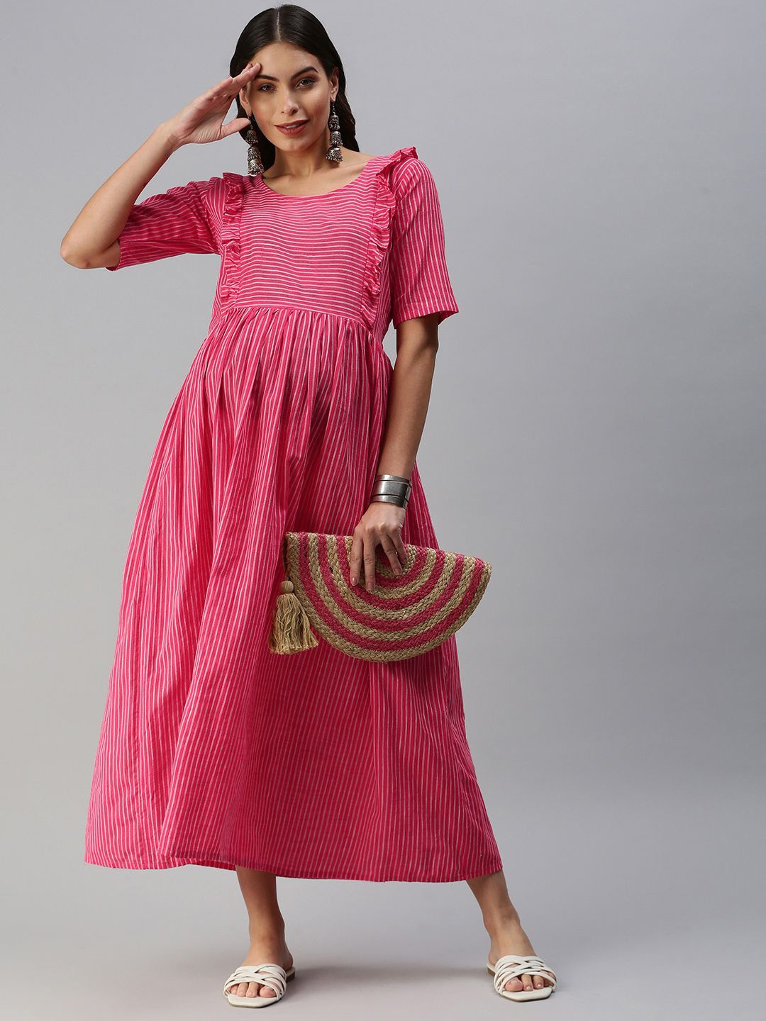 

Swishchick Striped Cotton Maternity Fit and Flare Midi Ethnic Dress, Pink
