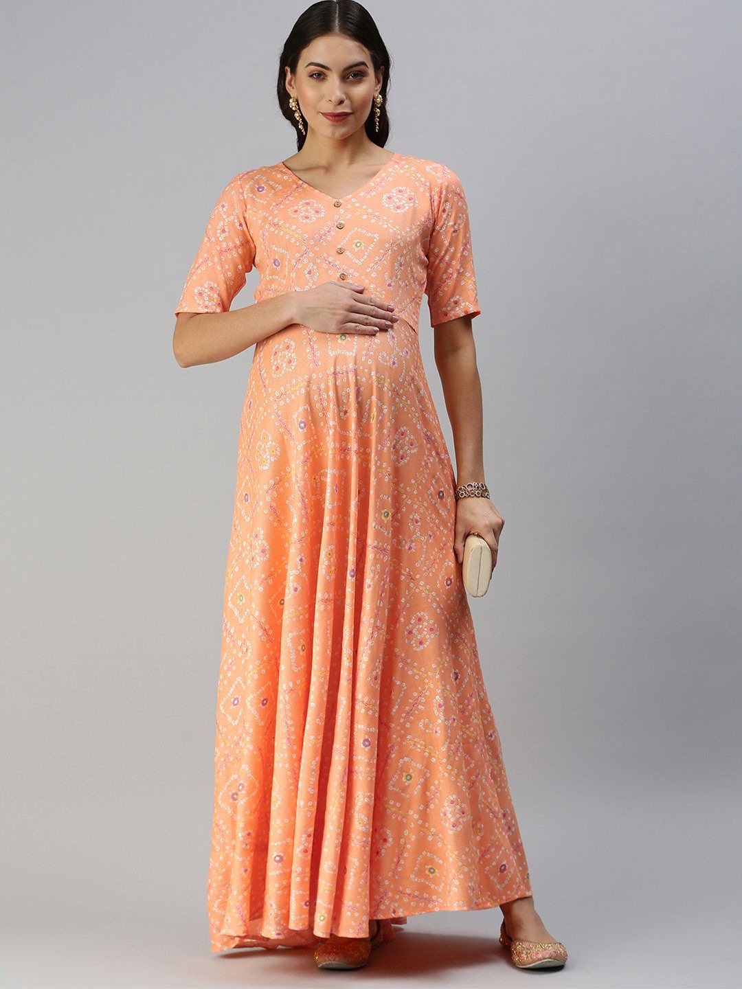 

Swishchick Ethnic Motifs Printed Maternity Maxi Dress, Orange