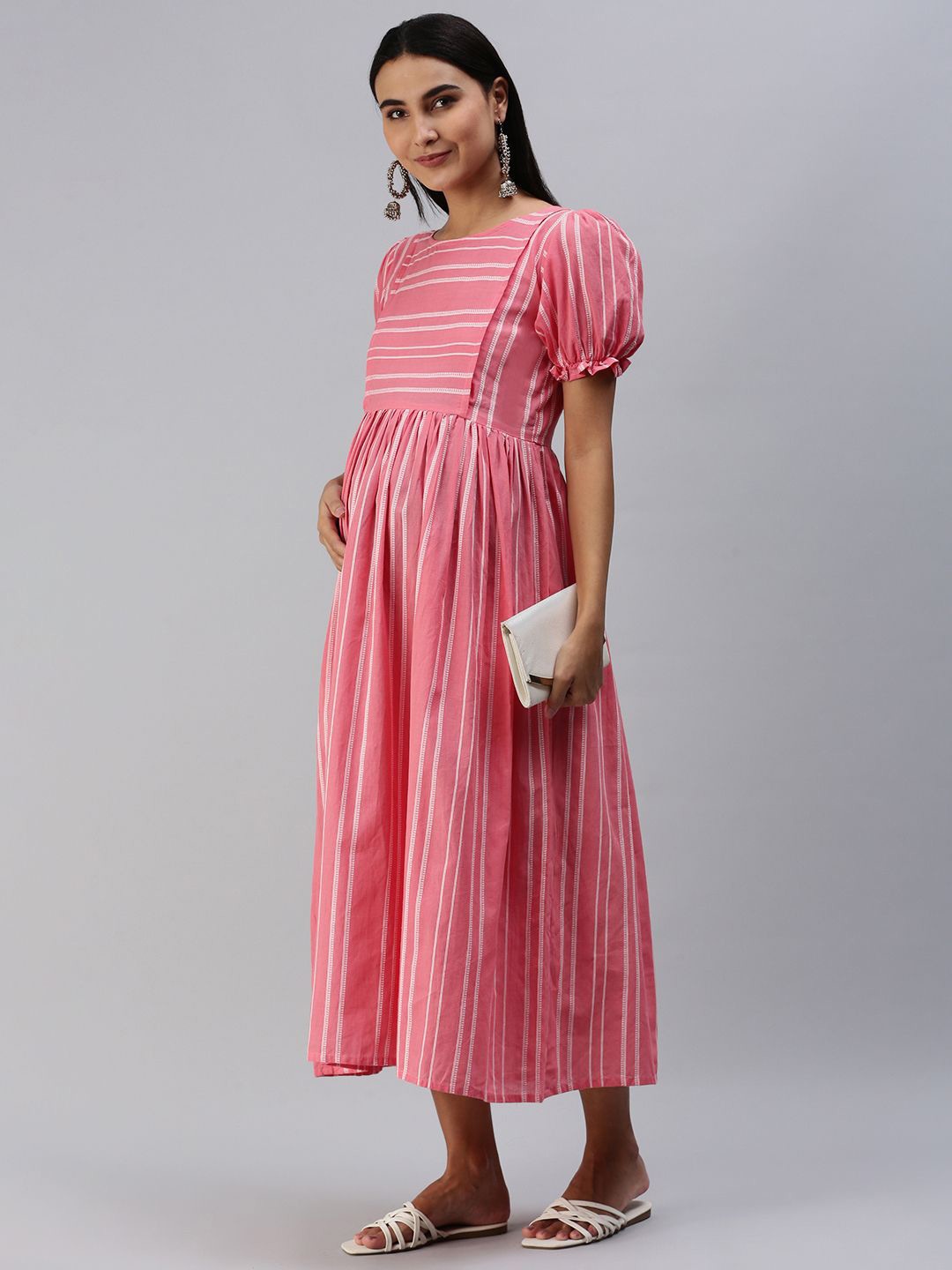 

Swishchick Women Striped Puff Sleeve Maternity Fit & Flare Midi Dress, Rose