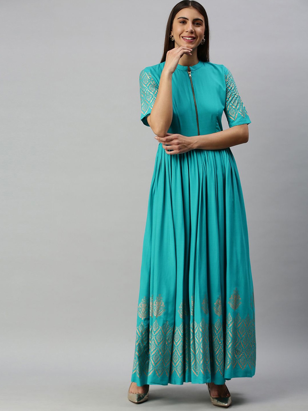 

Swishchick Women Mandarin collar Fit and Flare Ethnic Dresses, Turquoise blue