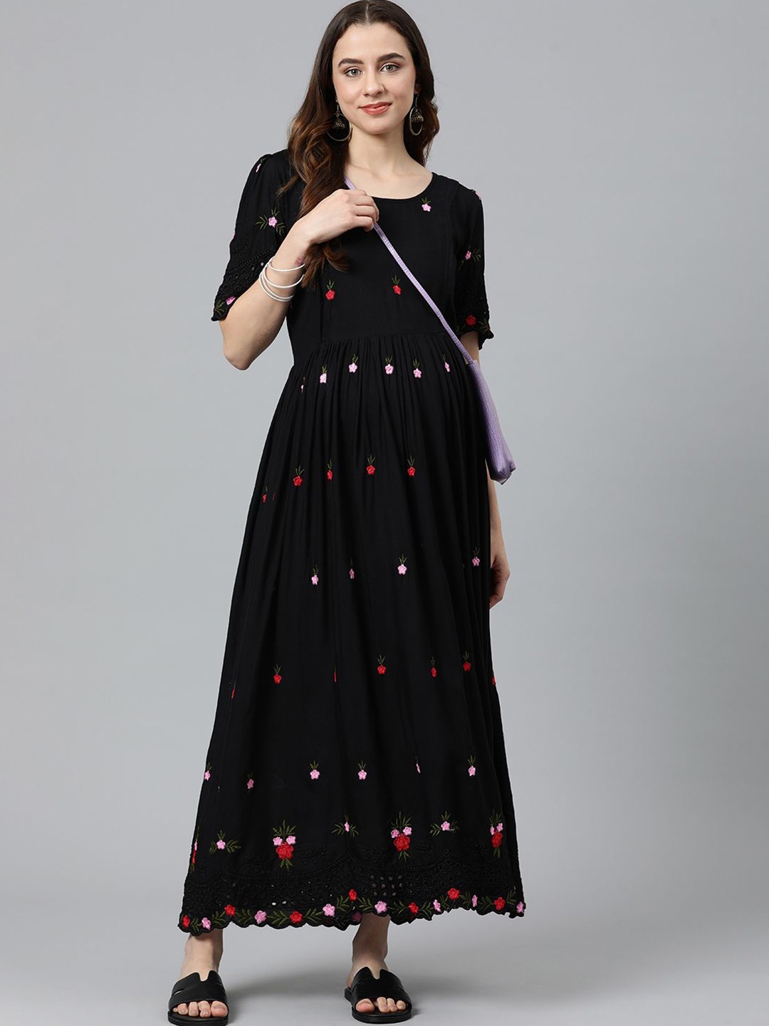 

Swishchick Embroidered Maternity Fit and Flare Dress, Black
