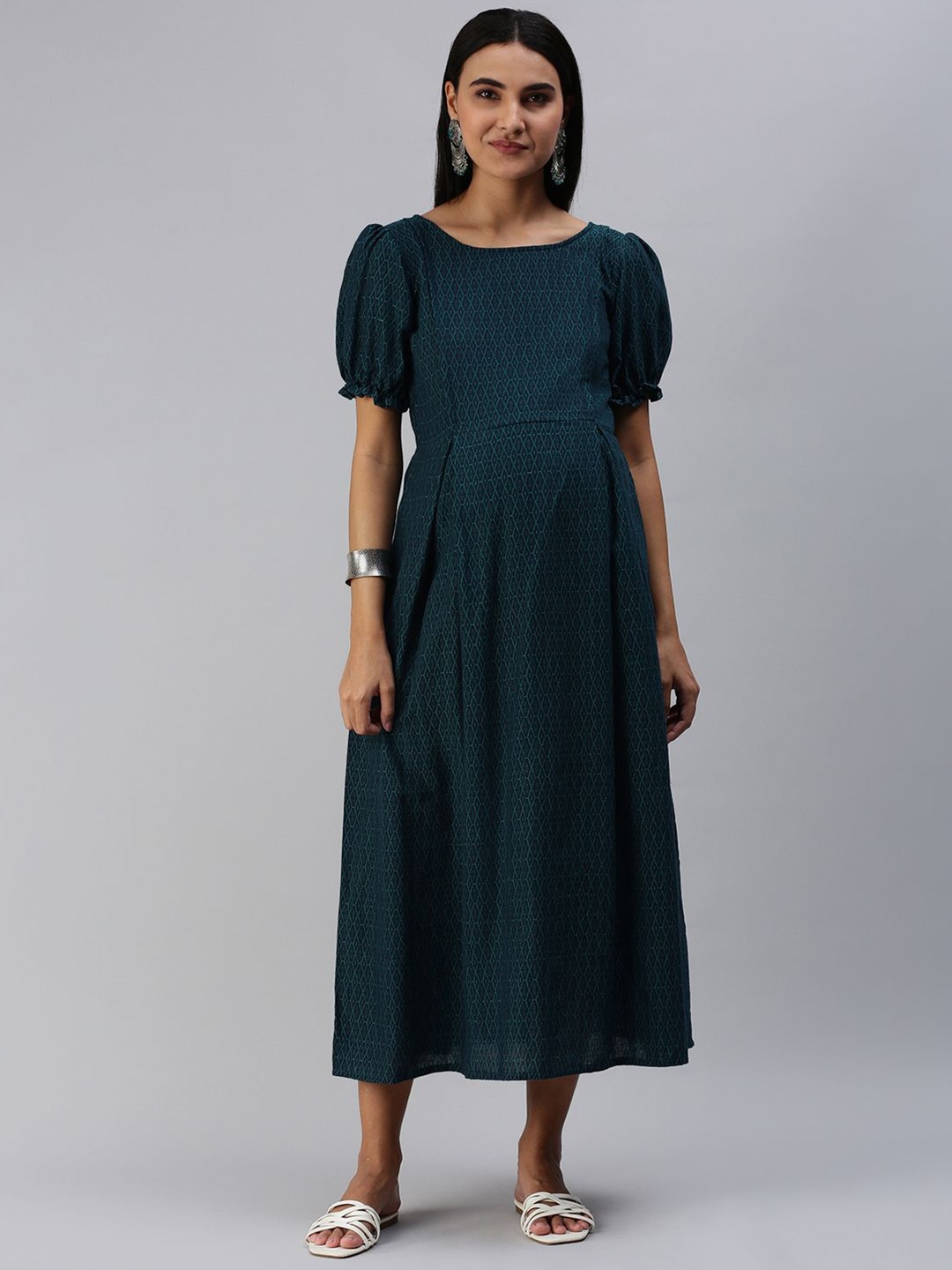 

Swishchick Puff Sleeve Maternity Cotton A-Line Midi Ethnic Dress, Blue