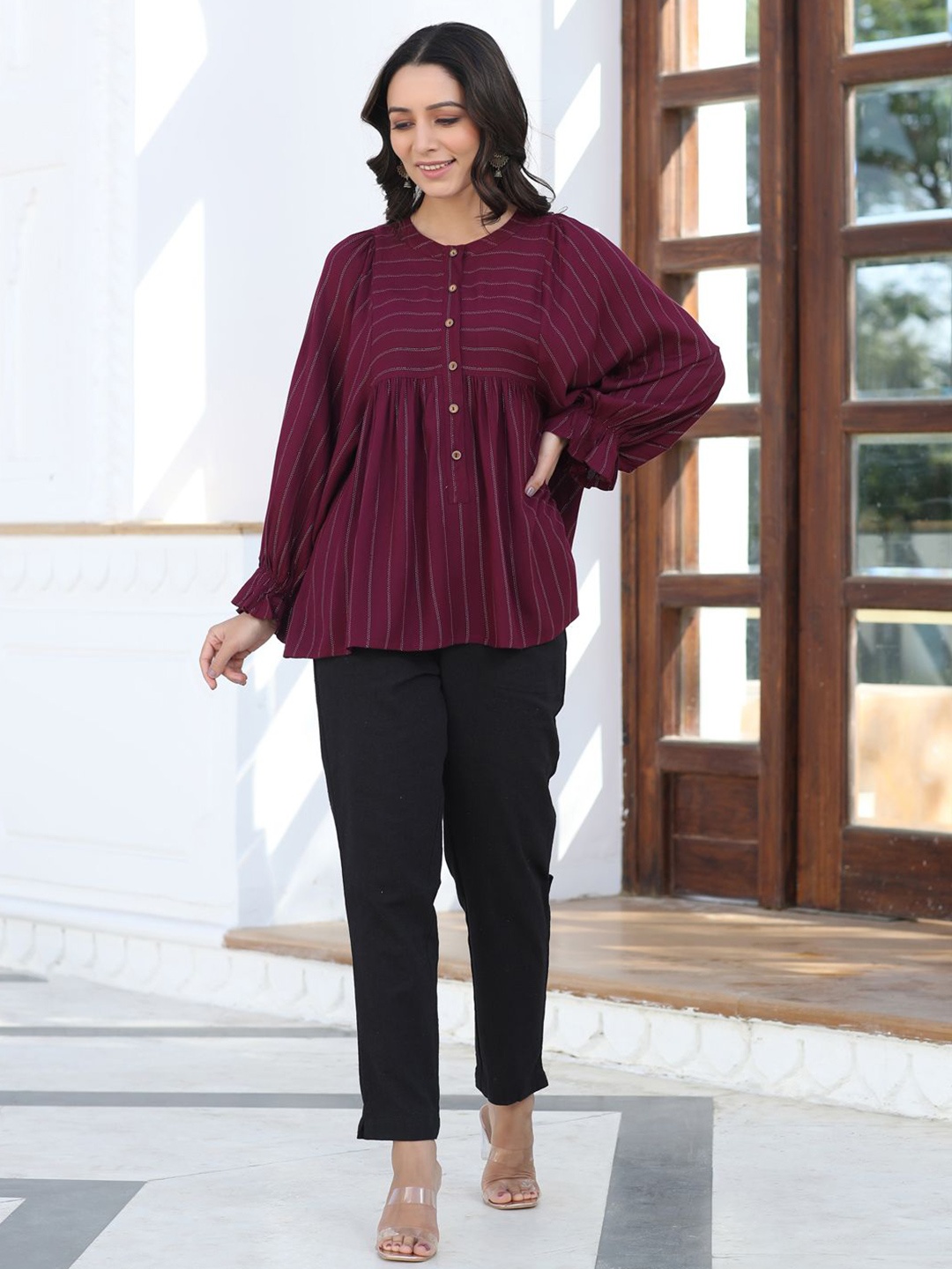 

Jaipur Kurti Women Self Weave Rayon Lurex Gathered Top With Elasticated Gathered Sleeves, Maroon