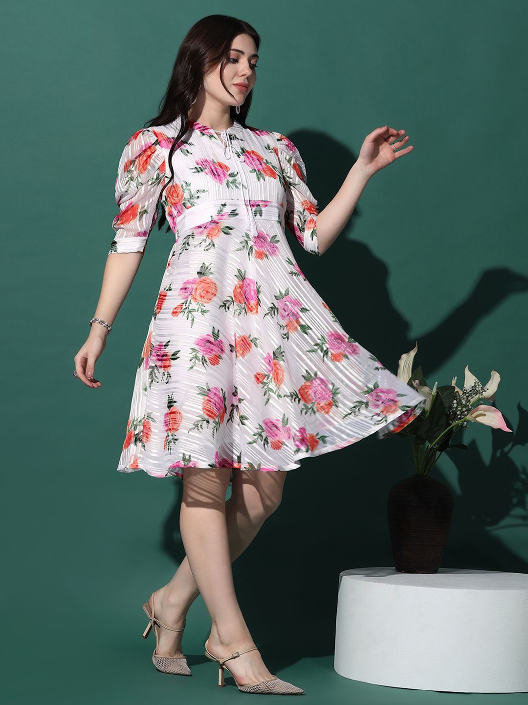 

FASHION DREAM Floral Print Georgette Fit & Flare Dress, White