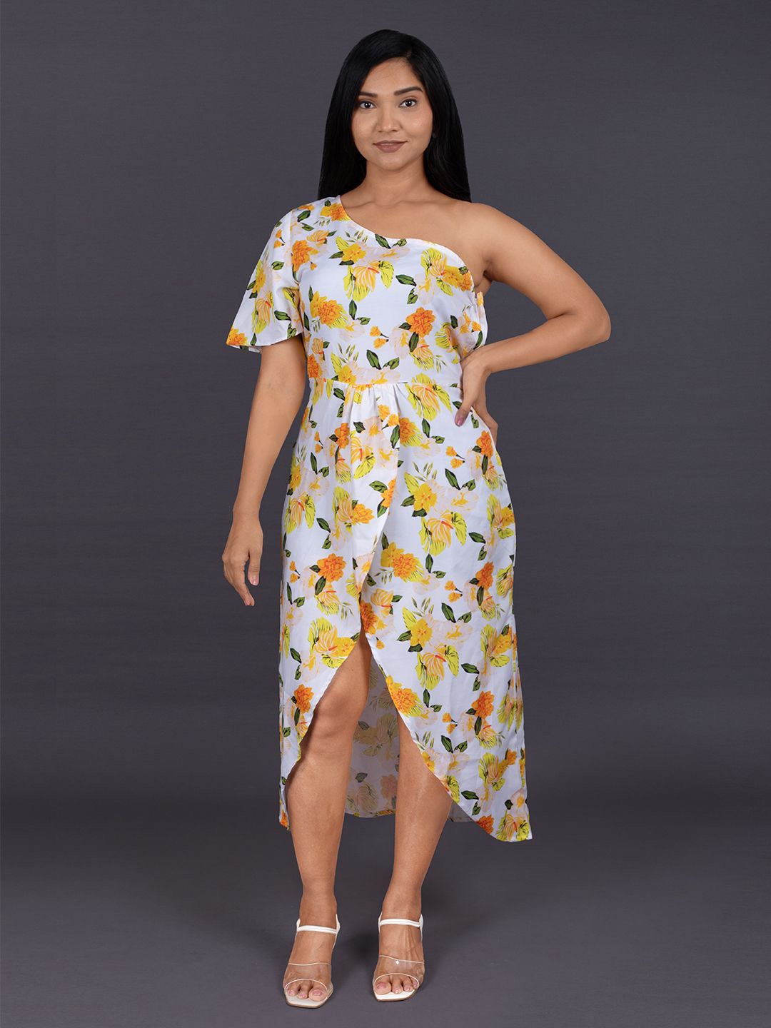 

La Aimee Women Floral Print One Shoulder Fit & Flare Midi Dress, Yellow