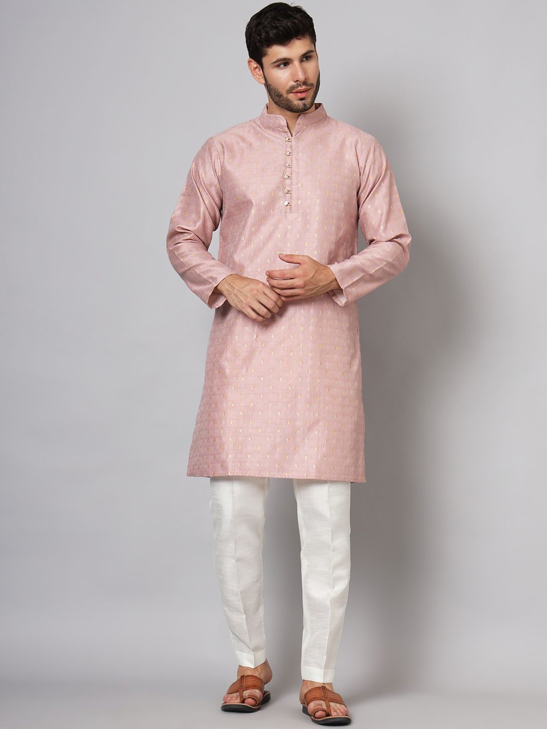 

FABDYOR Ethnic Motifs Woven Design Jacquard Weave Mandarin Collar Straight Kurta, Pink