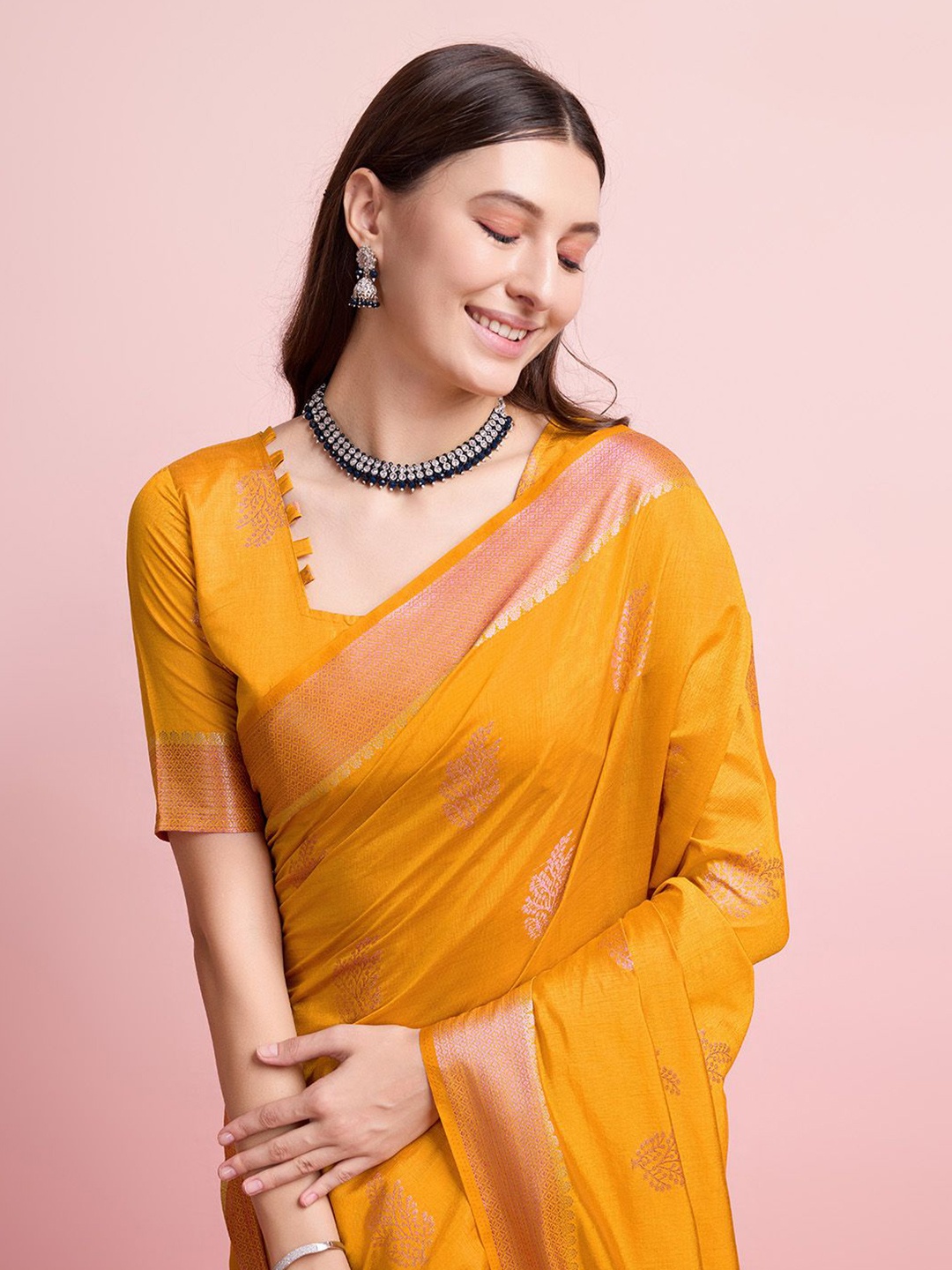 

DOI MOI Woven Design Zari Pure Silk Banarasi Saree, Mustard