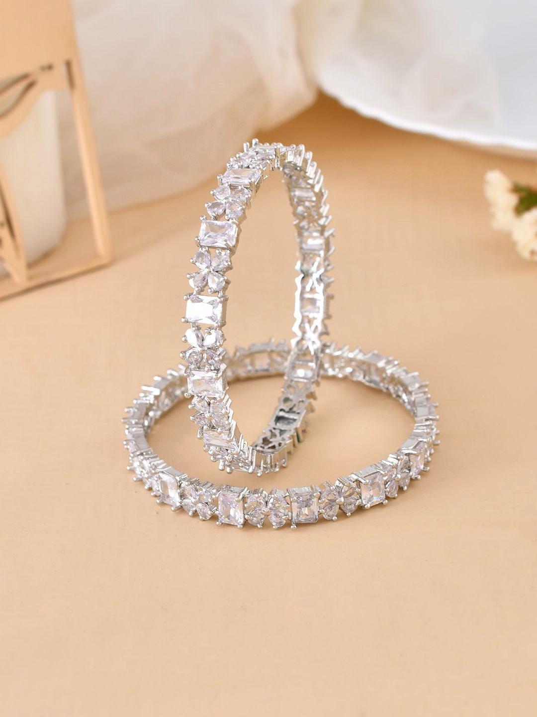 

Silvermerc Designs Set Of 2 Sliver-Plated American Diamond Stone Studded Bangles, Silver