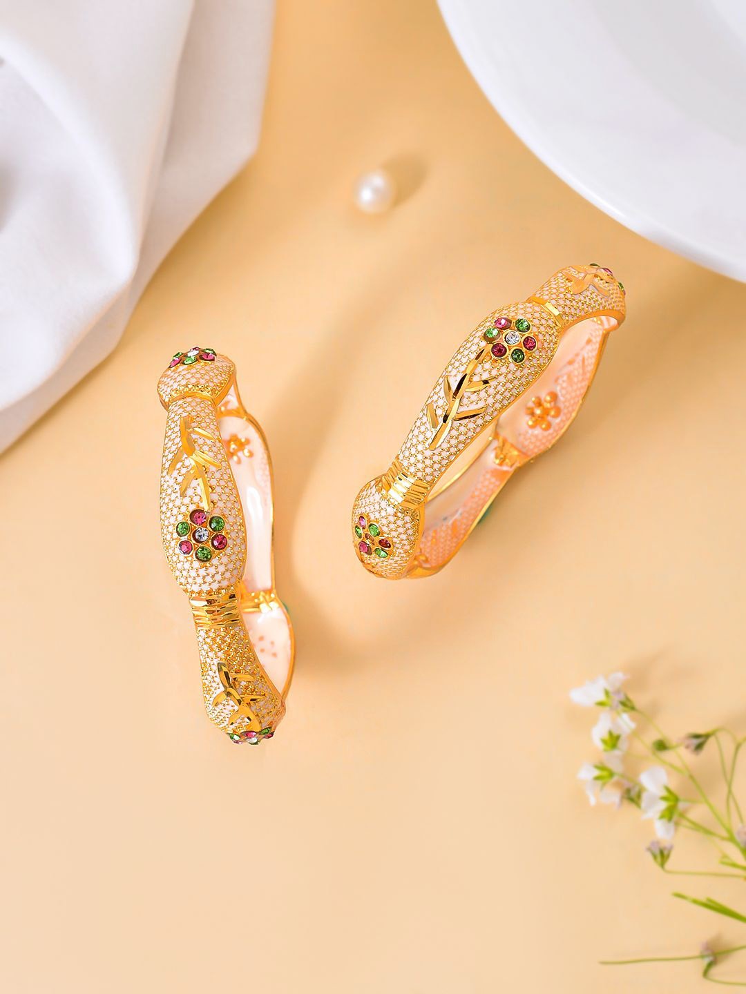 

Silvermerc Designs Set Of 2 Gold Plated Kundan Stone Studded Bangles