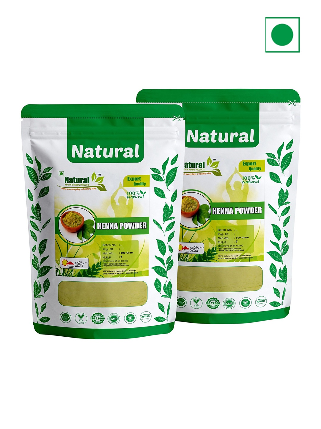 

NATURAL HEALTH & HERBAL PRODUCTS Set Of 2 Natural Henna Leaves Powder - 100g Each, Brown