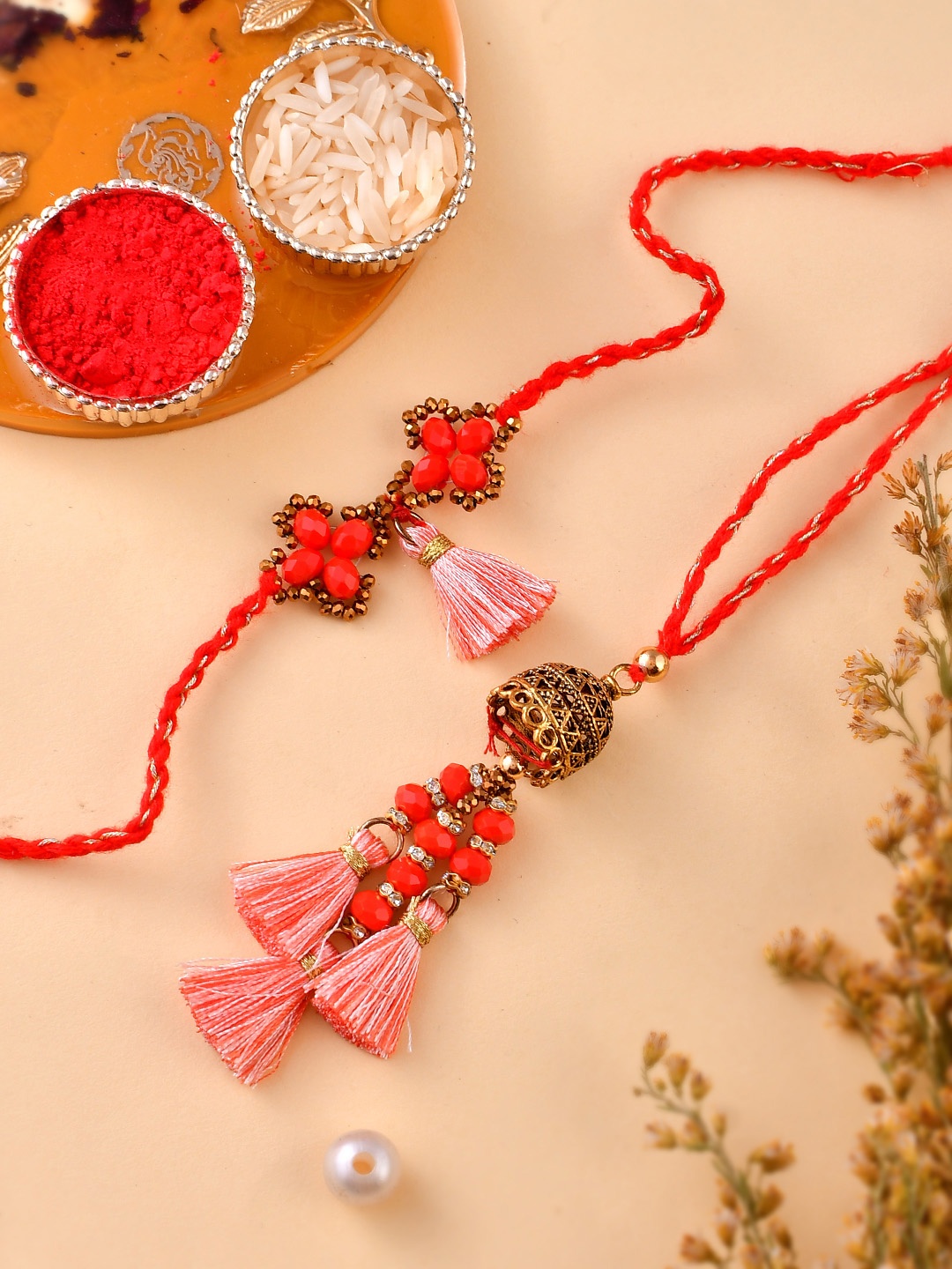 

House of Pataudi Beaded Bhaiya Bhabhi Thread Rakhi With Roli Chawal & Greeting Card, Red