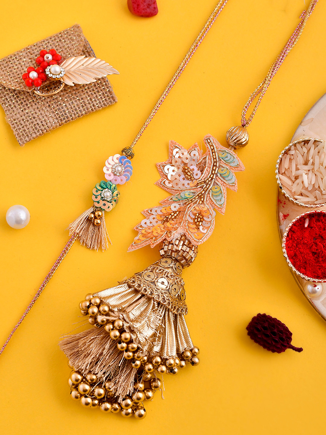 

House of Pataudi Sequinned Beaded Bhaiya Bhabhi Rakhi With Roli Chawal & Greeting Card, Beige