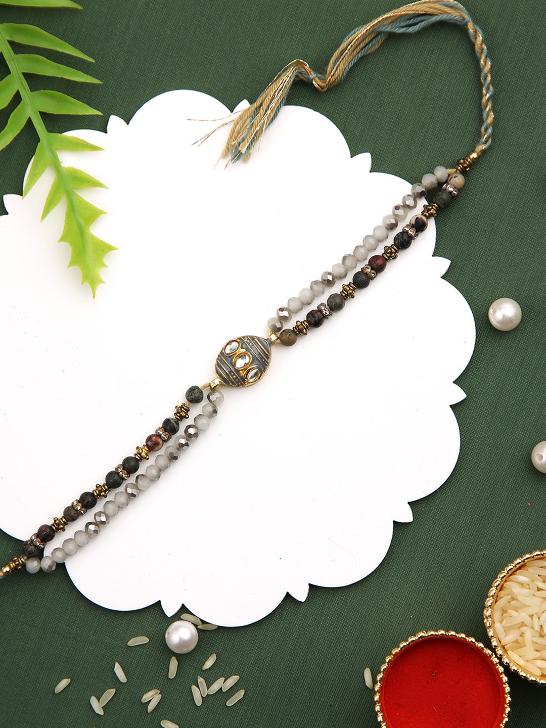 

House of Pataudi Beaded Thread Rakhi With Roli Chawal & Greeting Card, Grey