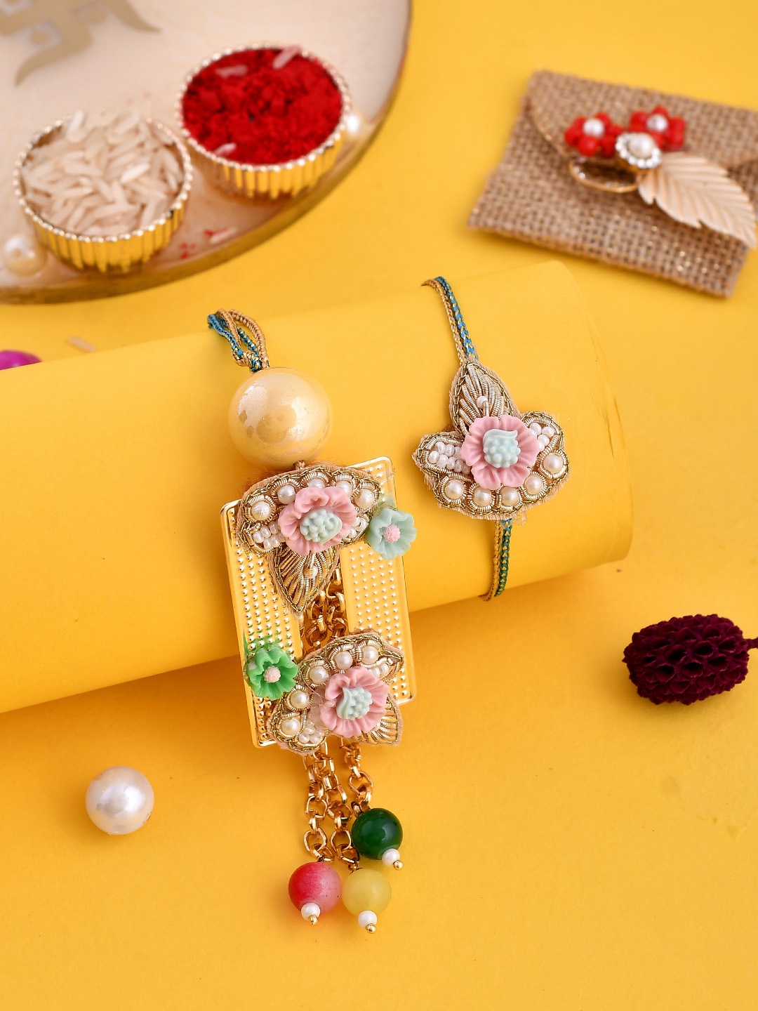 

House of Pataudi Pearl Beaded Bhaiya Bhabhi Thread Rakhi With Roli Chawal & Greeting Card, Blue