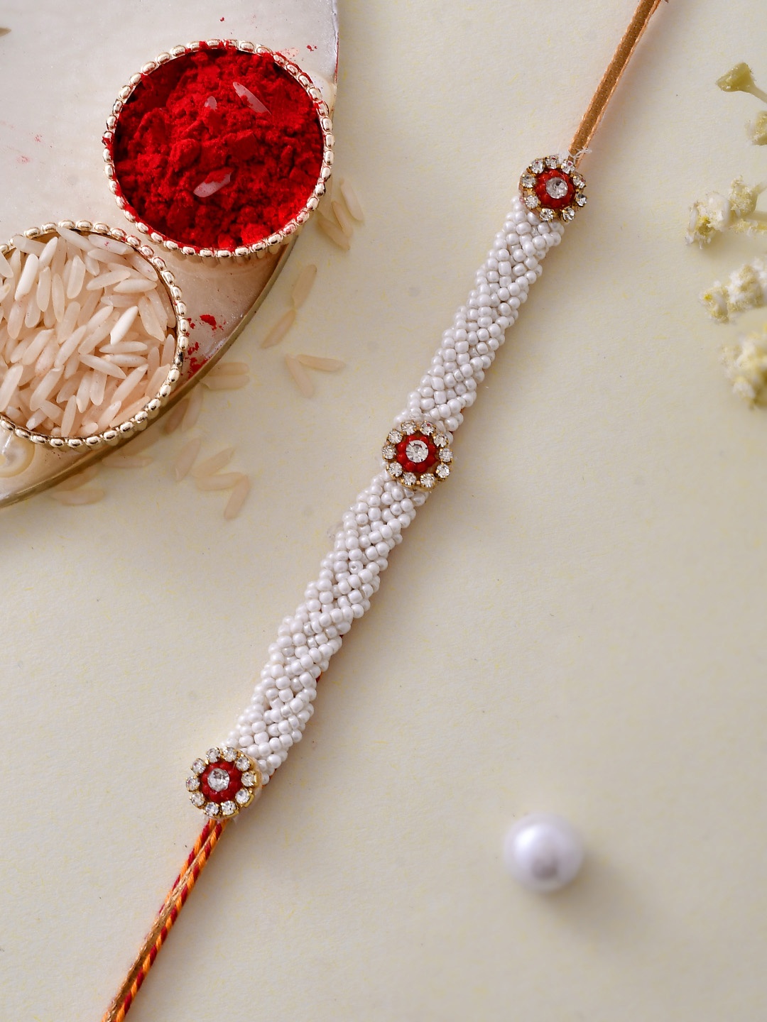 

House of Pataudi Unique Stone Flower with White Beads Designer Rakhi, Red