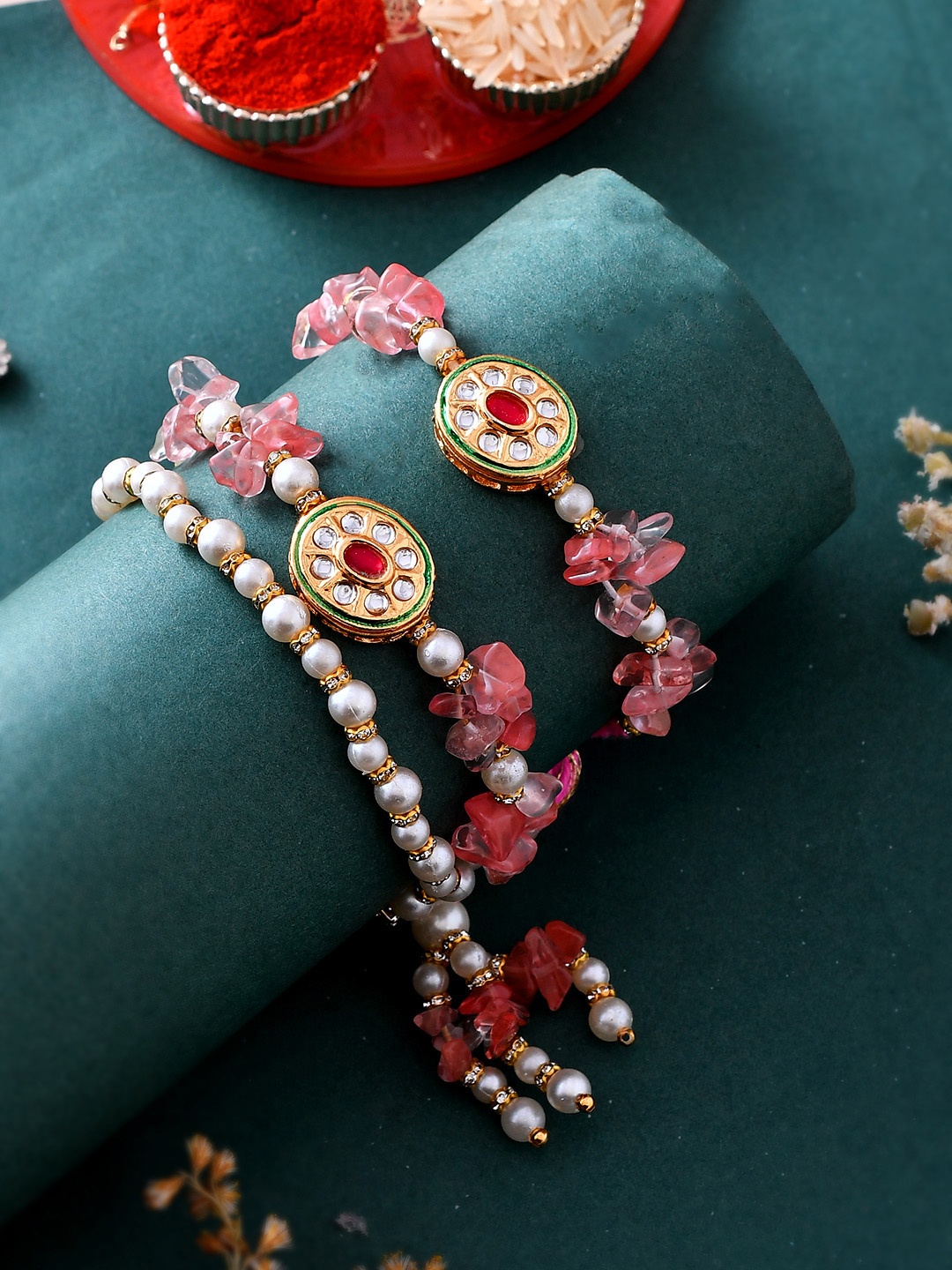 

House of Pataudi Pearl Beaded Bhaiya Bhabhi Thread Rakhi With Roli Chawal & Greeting Card, Pink