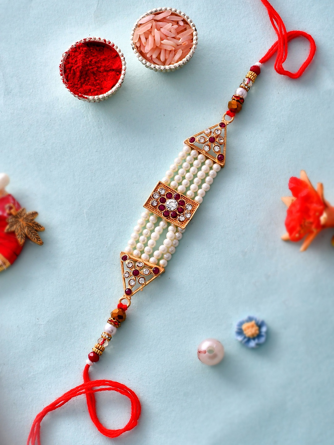 

House of Pataudi Pearl Beaded Bhaiya Thread Rakhi With Roli Chawal & Greeting Card, Red