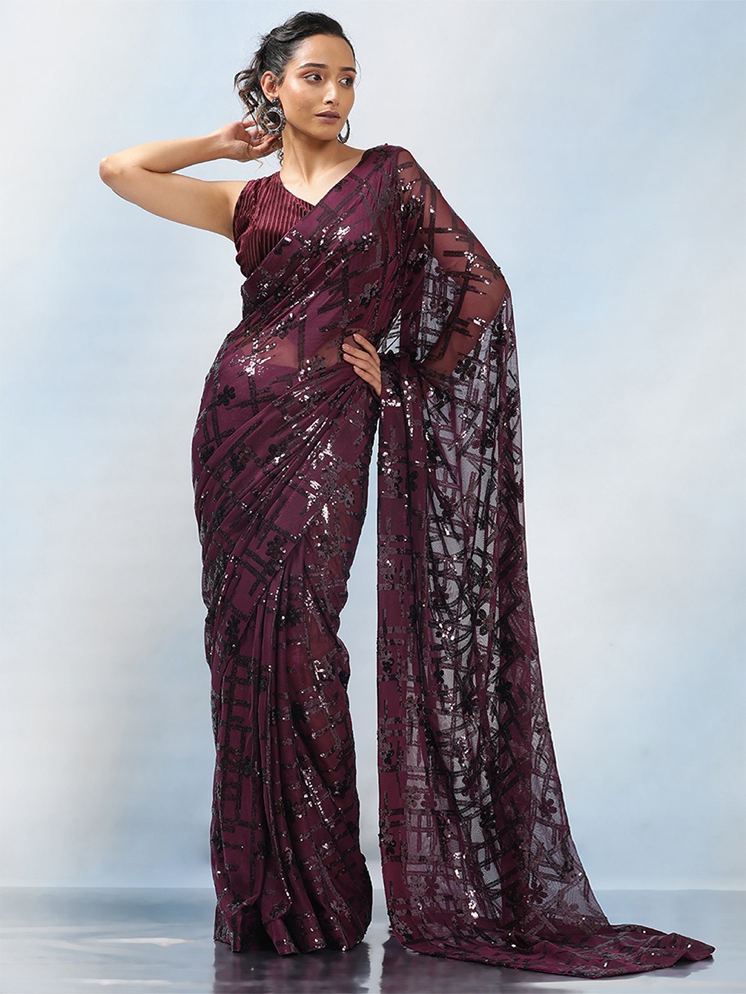 

MAHALASA Ethnic Motifs Sequinned Pure Georgette Ikat Saree, Purple