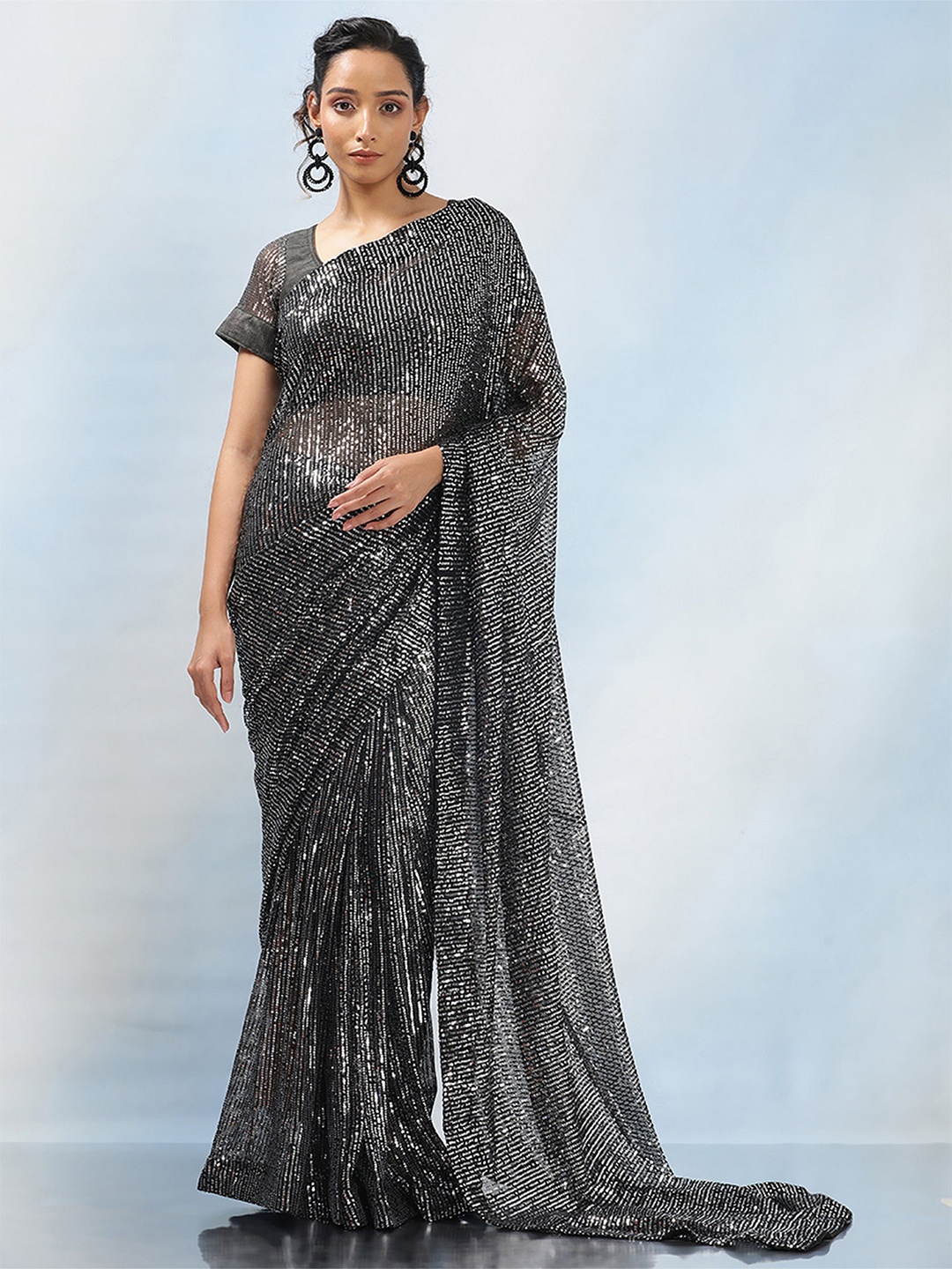 

MAHALASA Embellished Sequinned Pure Georgette Ikat Saree, Grey