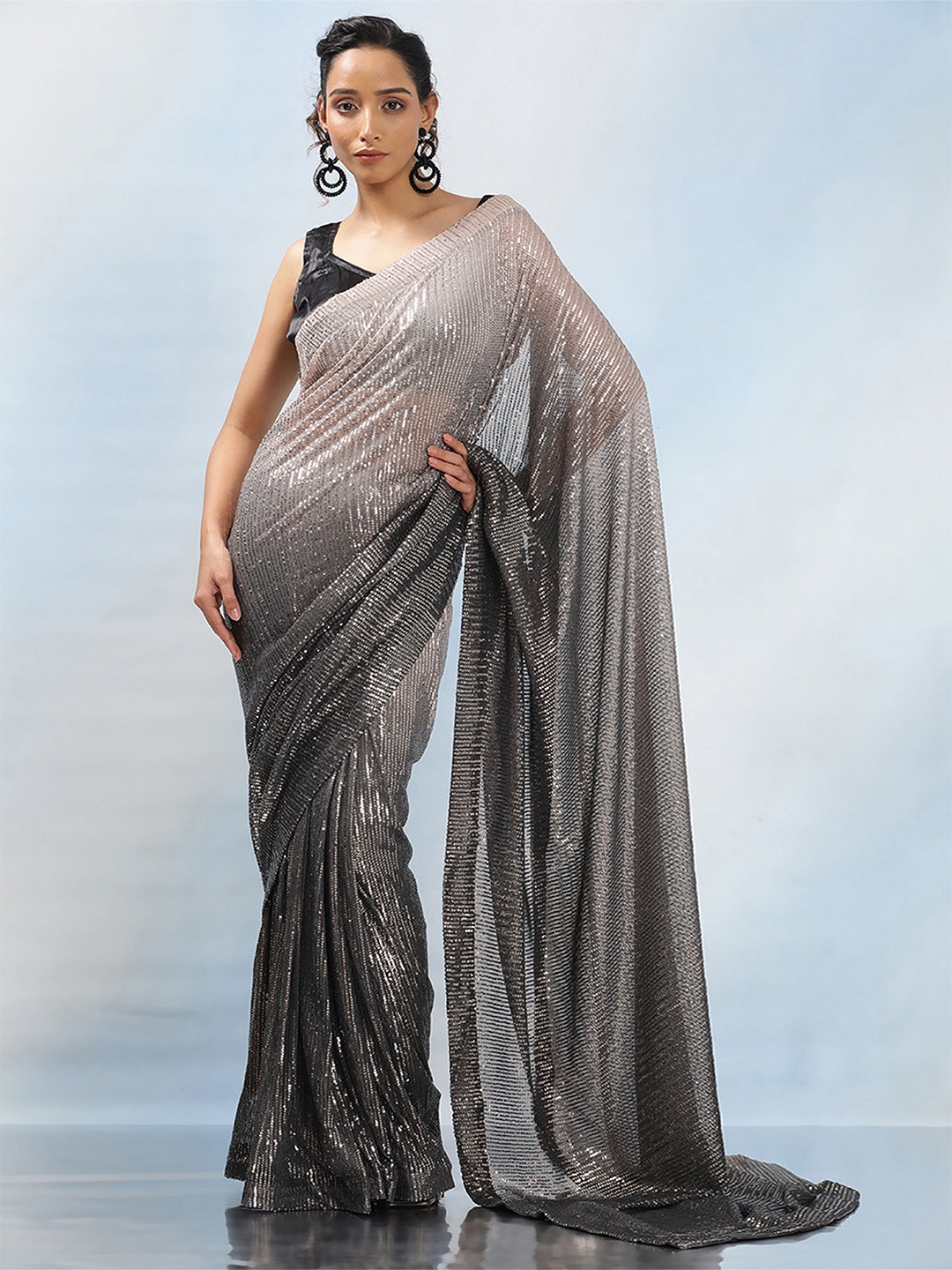 

MAHALASA Embellished Sequinned Pure Georgette Ikat Saree, Black