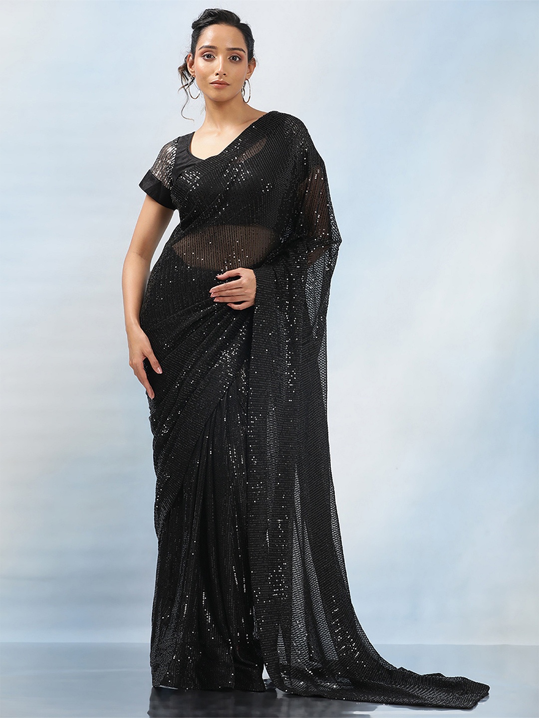 

MAHALASA Embellished Sequinned Pure Georgette Saree, Black