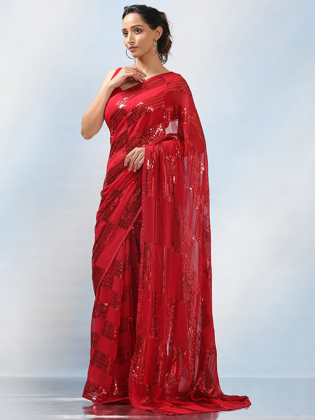 

MAHALASA Pure Georgette Sequinned Ikat Saree, Red