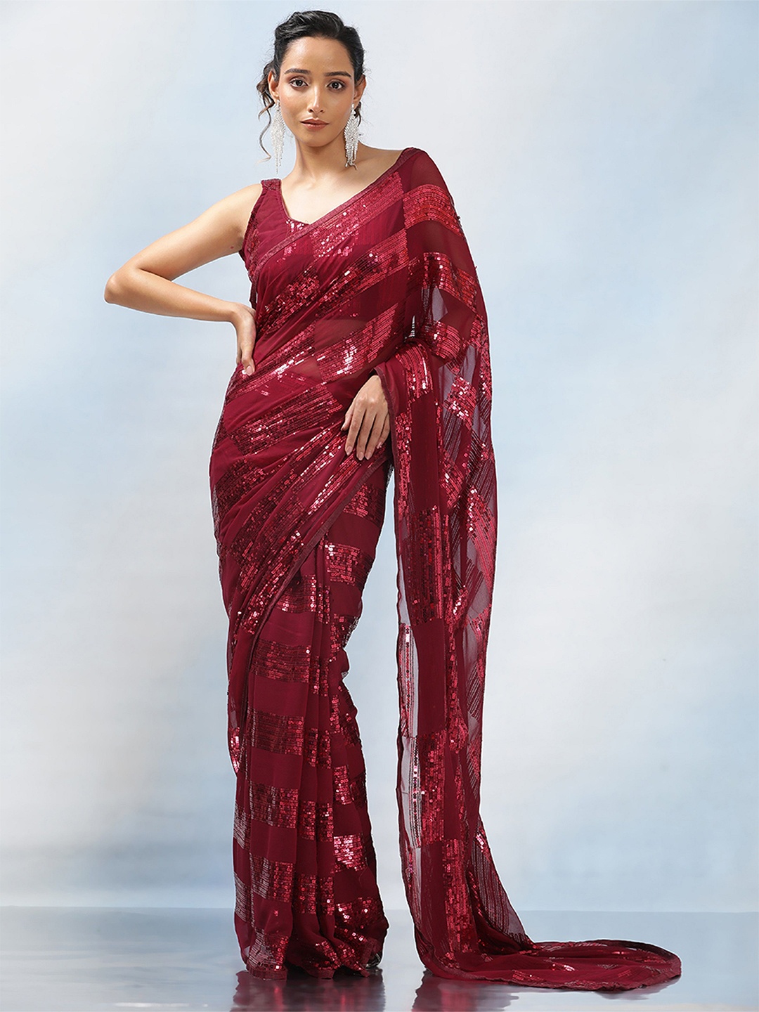 

MAHALASA Embellished Sequinned Pure Georgette Ikat Saree, Purple