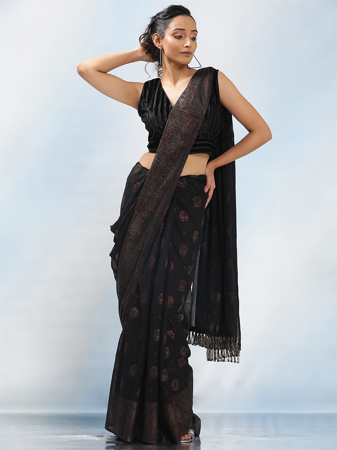 

MAHALASA Embellished Sequinned Pure Georgette Ikat Saree, Black