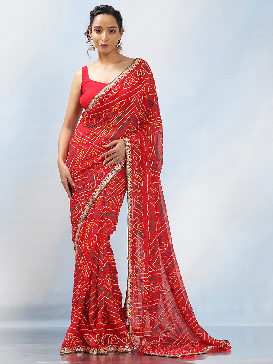 

MAHALASA Bandhani Sequinned Pure Georgette Ikat Saree, Red