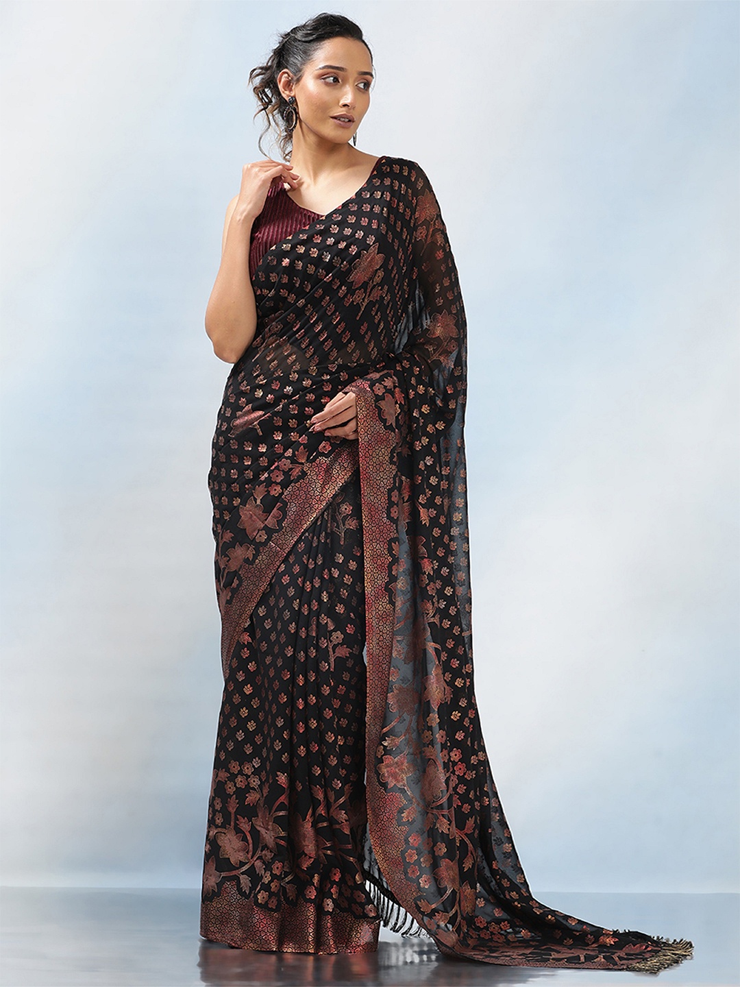 

MAHALASA Ethnic Motif Zari Woven Pure Georgette Saree, Black