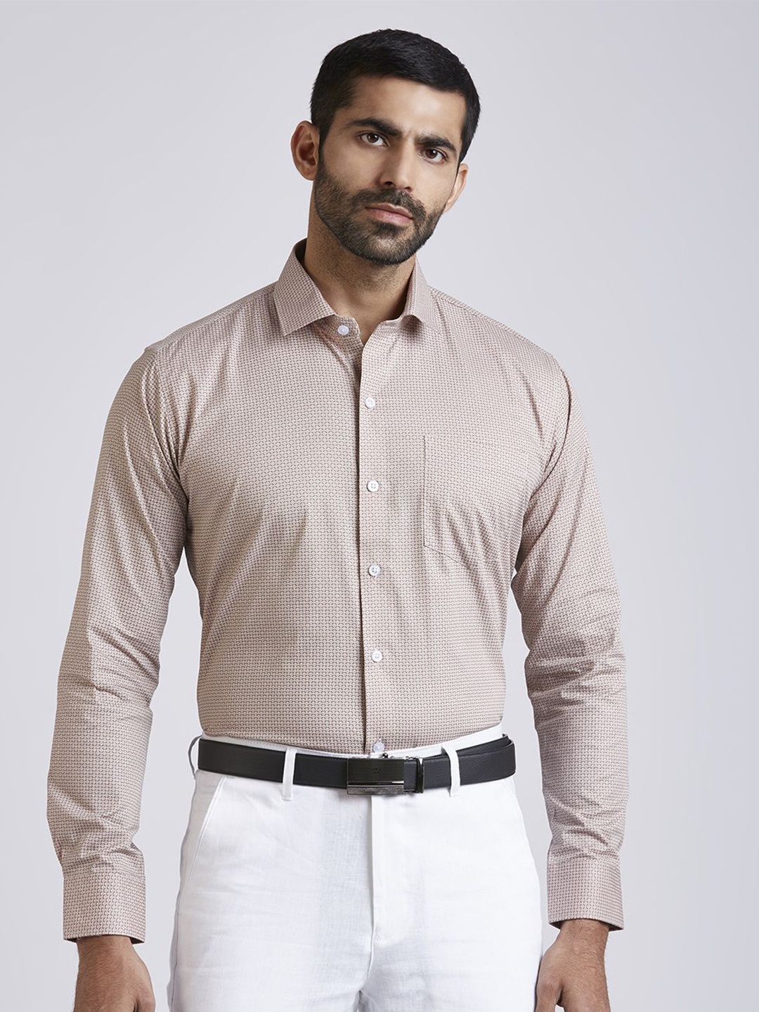 

JOHN WATSON Men Slim Fit Opaque Printed Semiformal Shirt, Beige