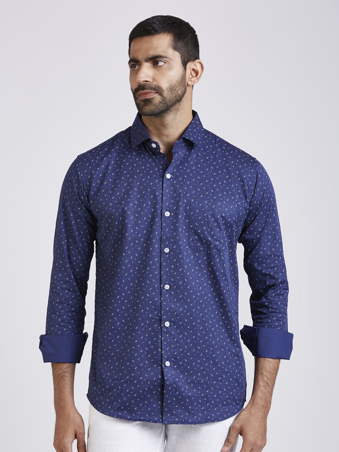 

JOHN WATSON Men Abstract Printed Slim Fit Opaque Semiformal Shirt, Blue
