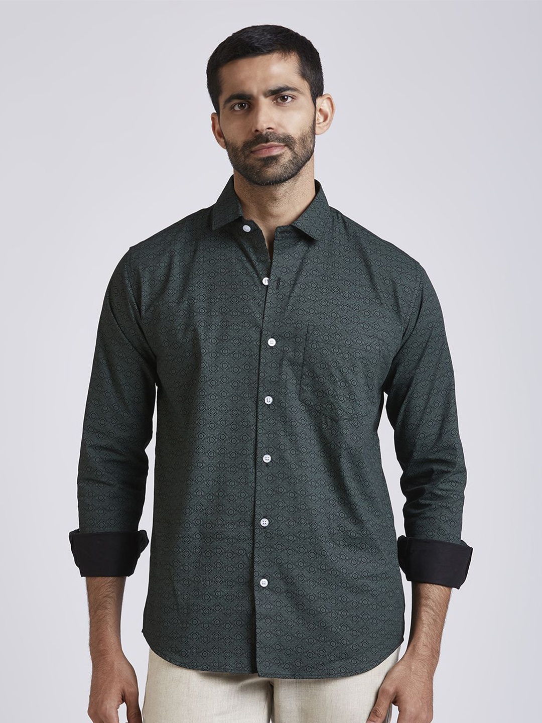 

JOHN WATSON Men Slim Fit Printed Semiformal Shirt, Green