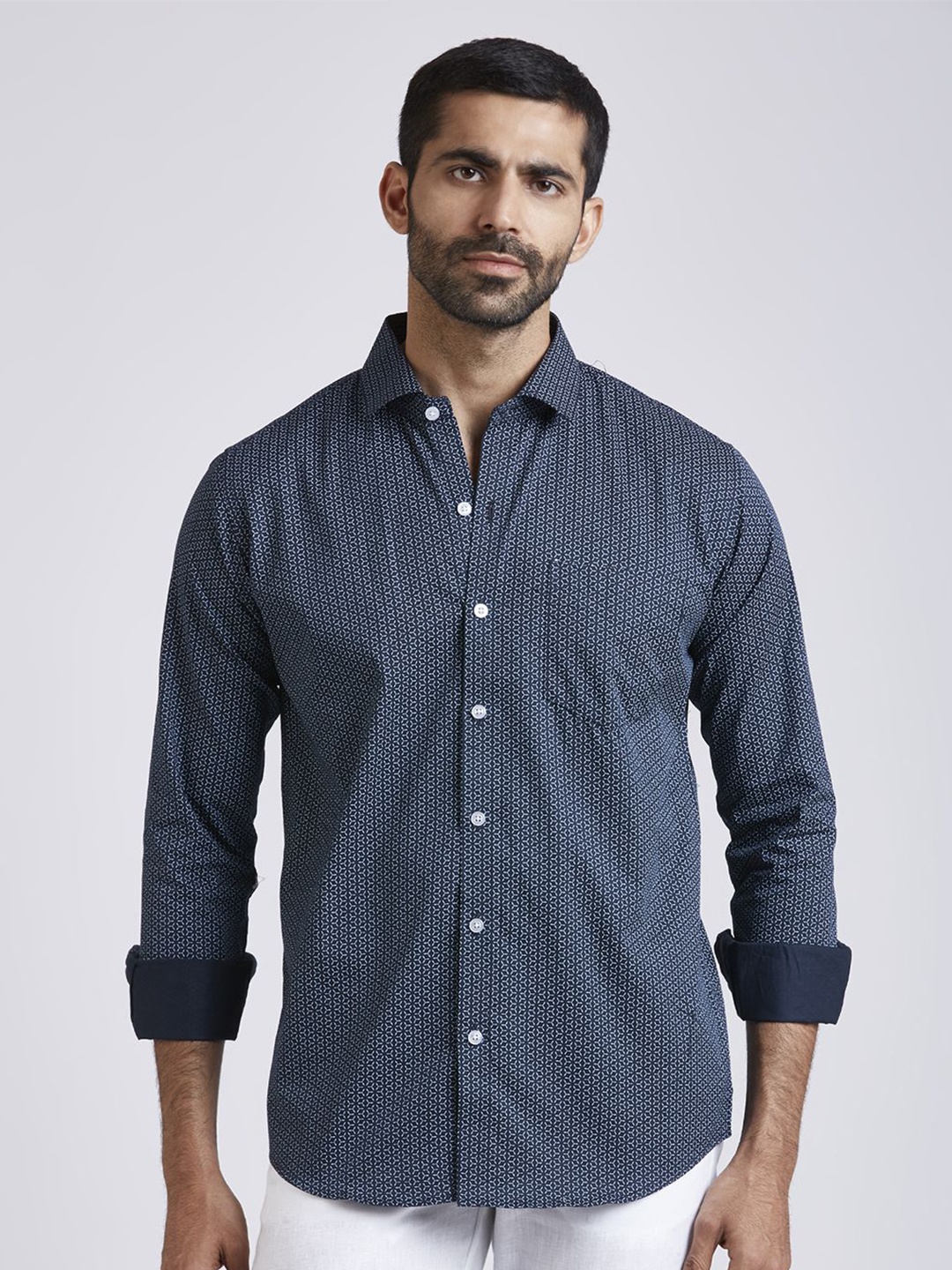 

JOHN WATSON Men Slim Fit Printed Semiformal Shirt, Navy blue