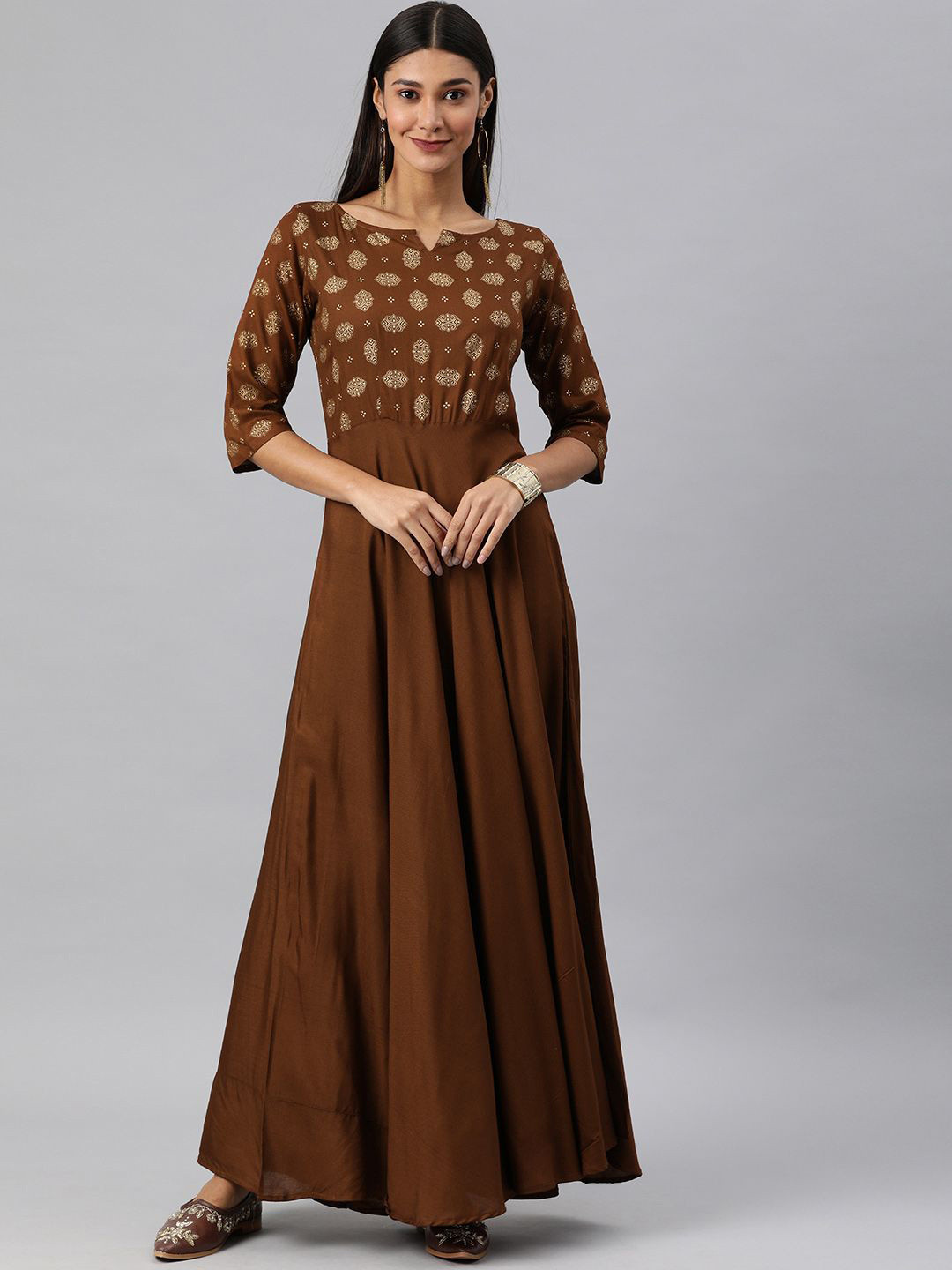 

Swishchick Ethnic Motifs Yoke Design Notch Neck Cotton Anarkali Kurta, Brown