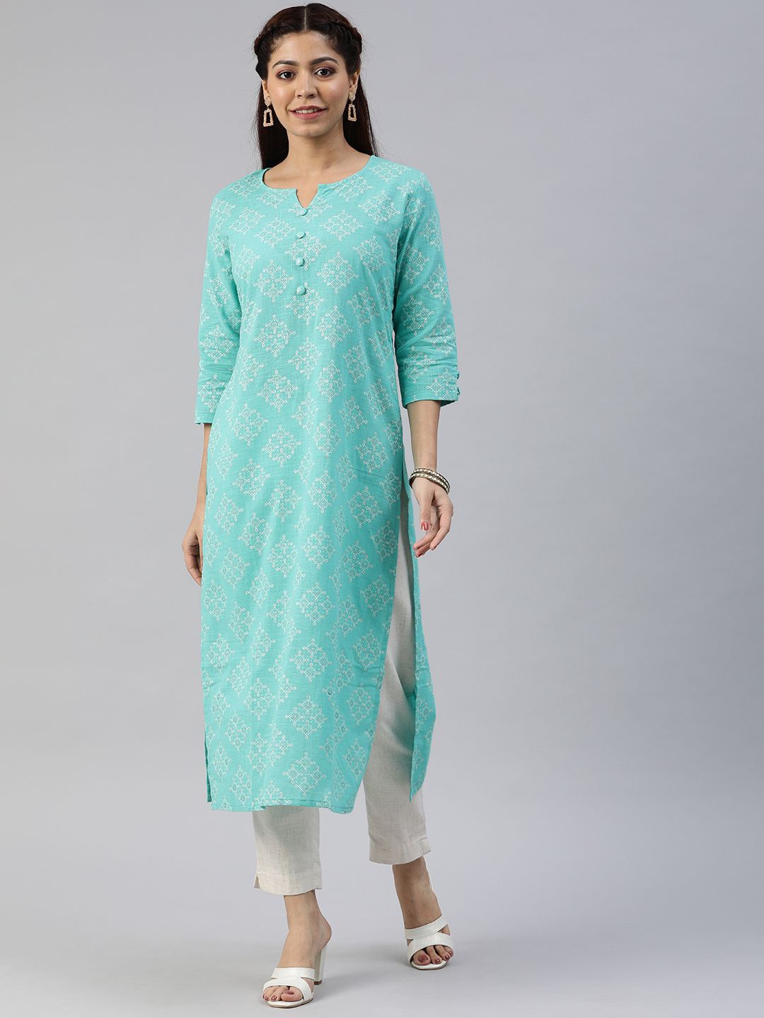 

Swishchick Ethnic Motifs Printed Notch Neck Straight Kurta, Blue
