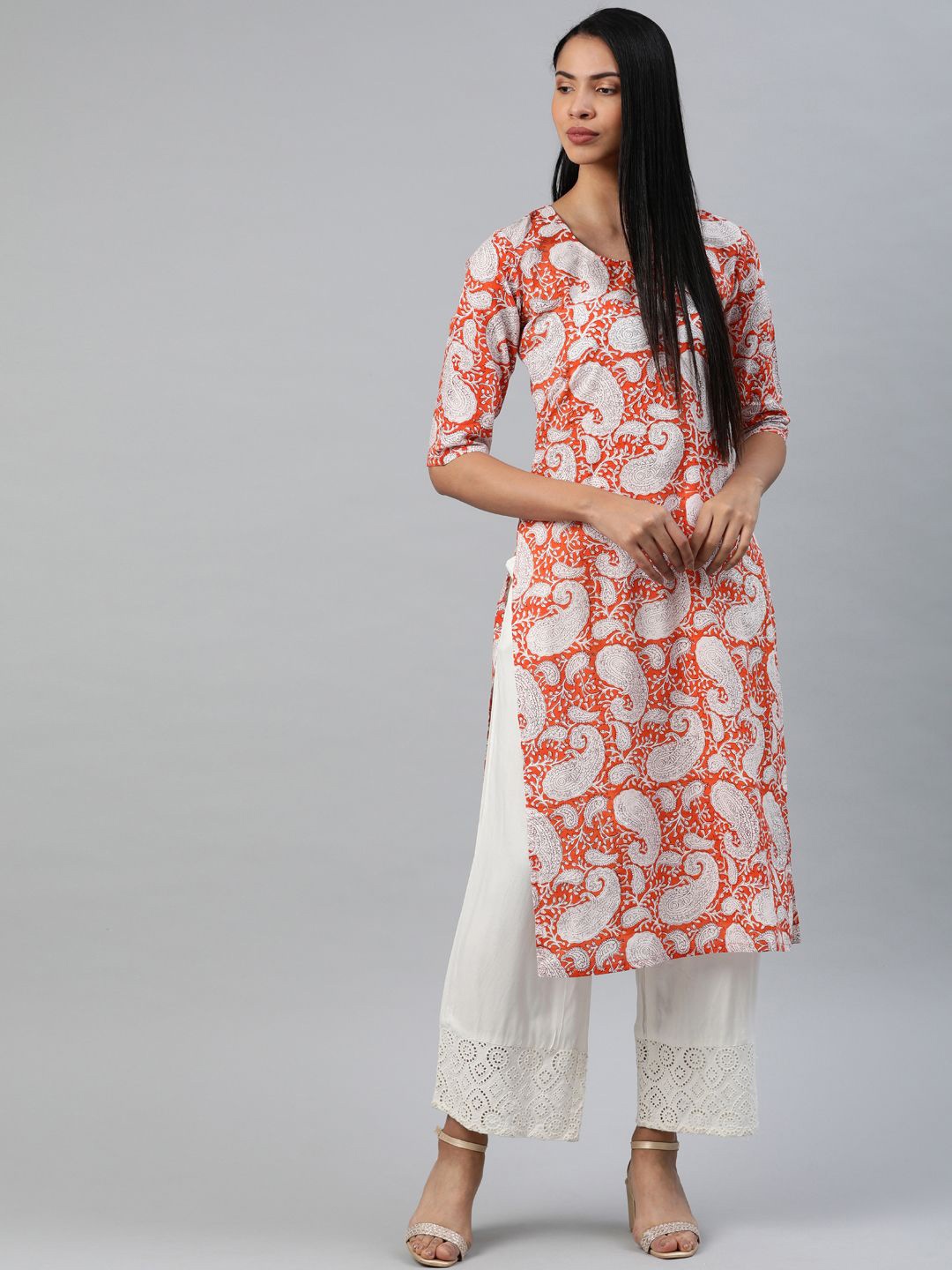 

Swishchick Paisley Printed Round Neck Straight Kurta, Orange