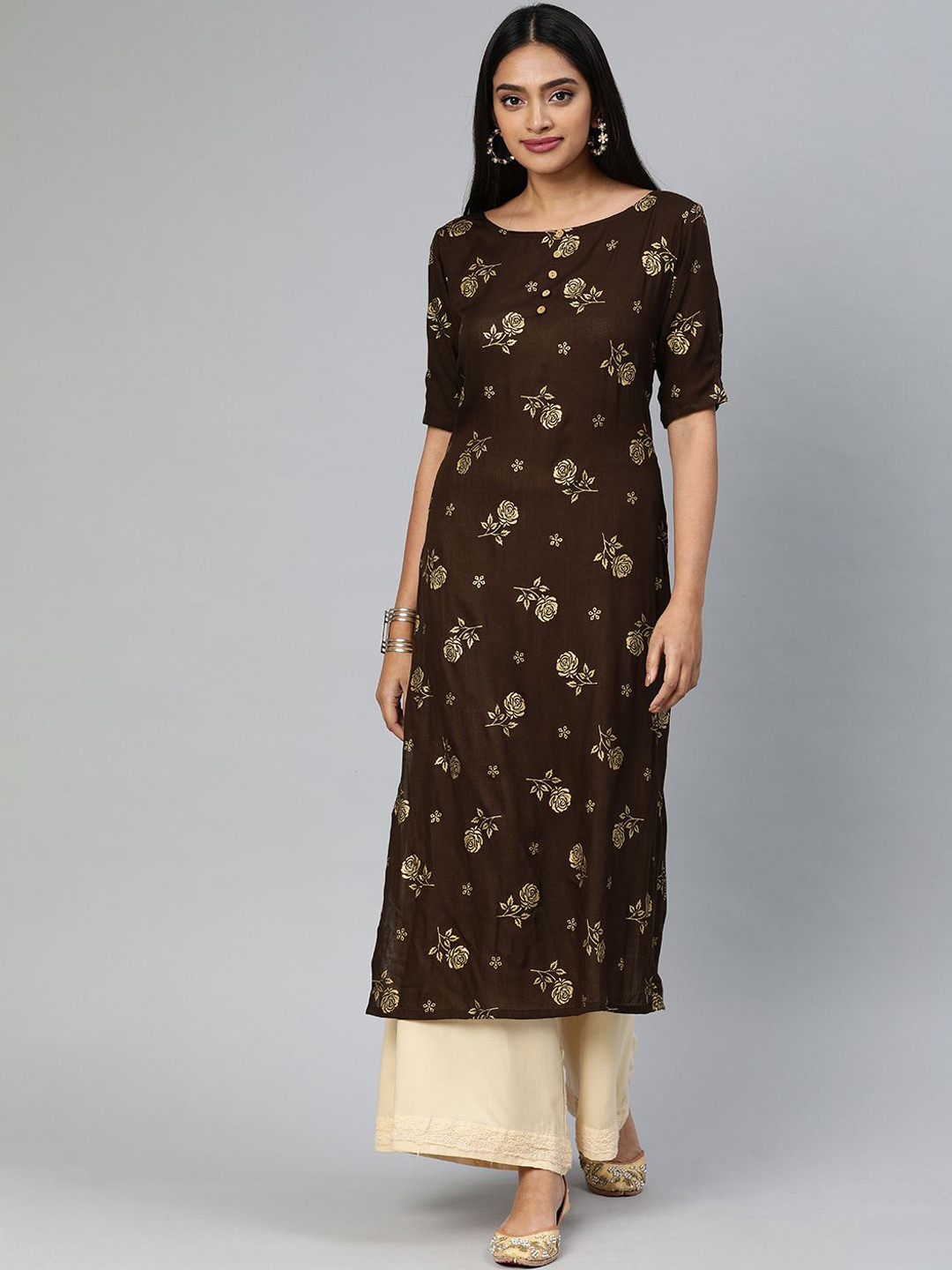 

Swishchick Floral Printed Round Neck Straight Kurta, Brown