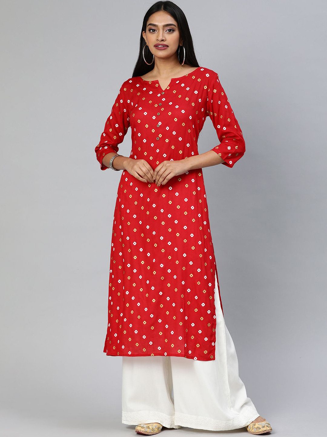 

Swishchick Geometric Printed Notch Neck Straight Kurta, Red