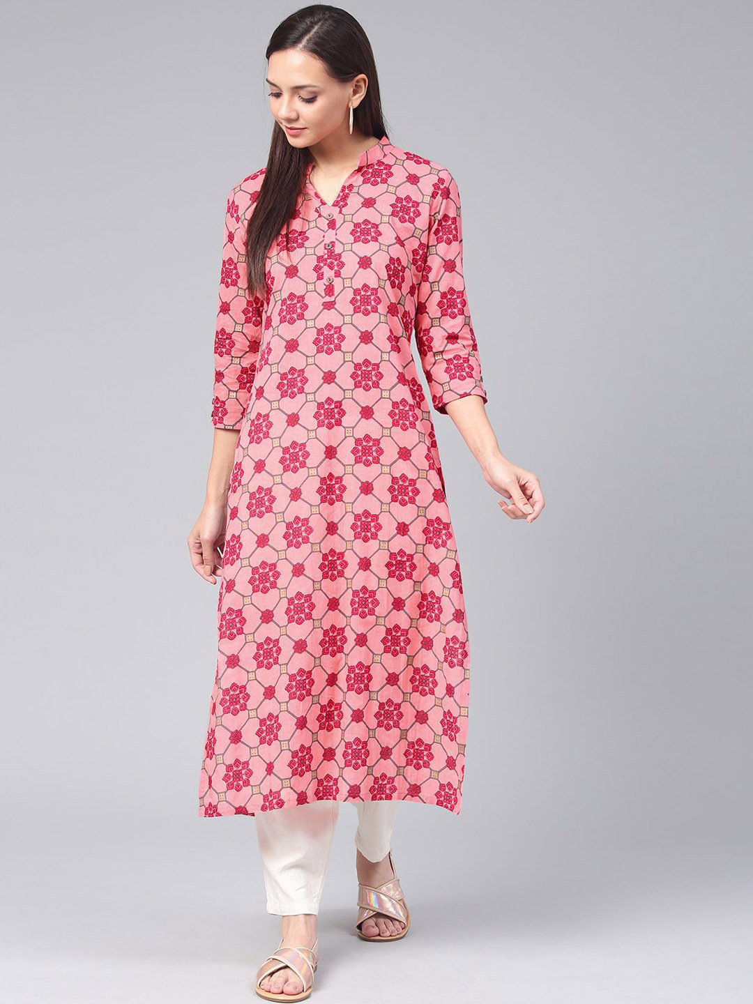 

Swishchick Ethnic Motifs Printed Mandarin Collar Cotton Straight Kurta, Pink