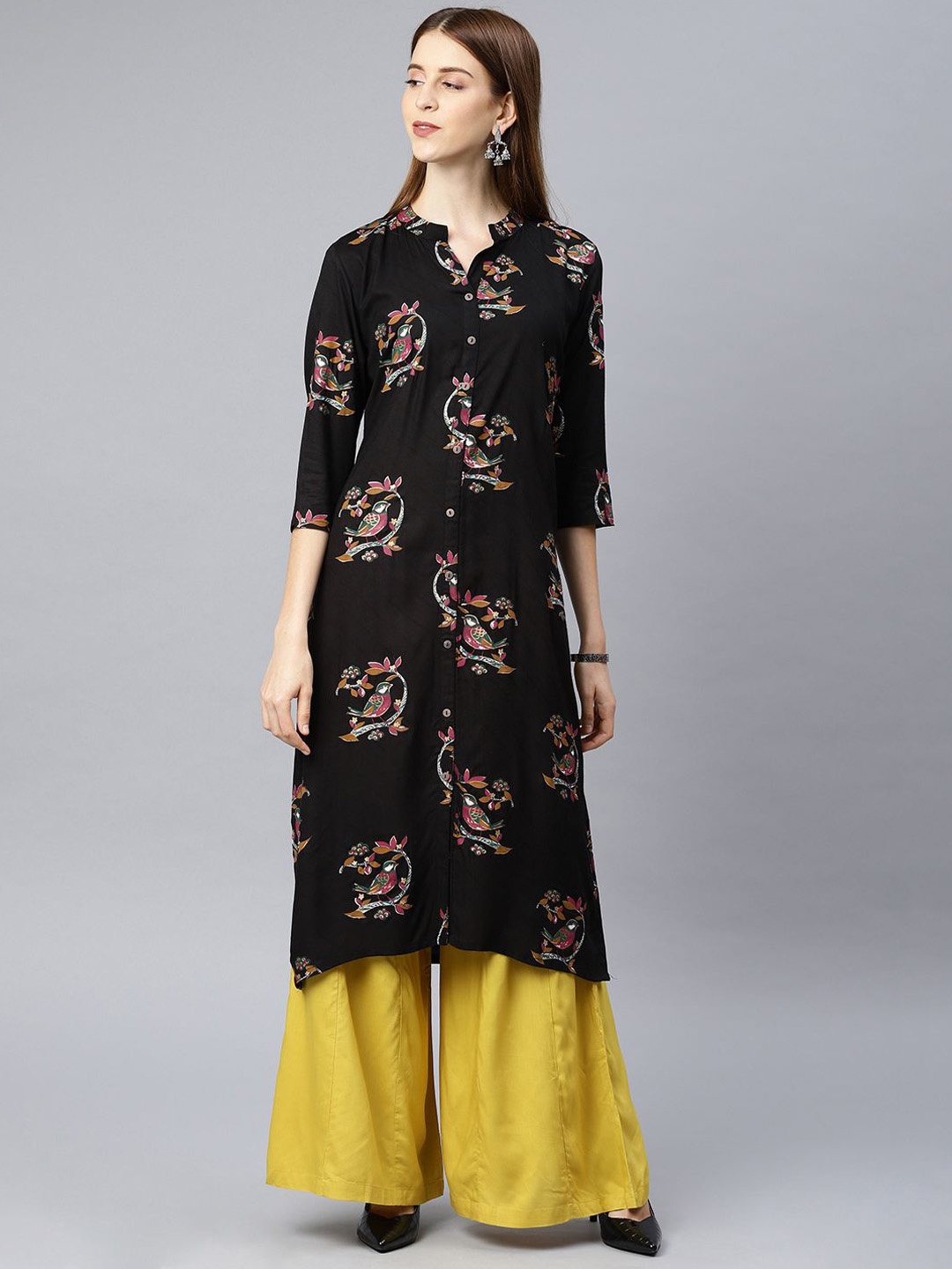 

Swishchick Floral Printed Mandarin Collar A-Line Kurta, Black