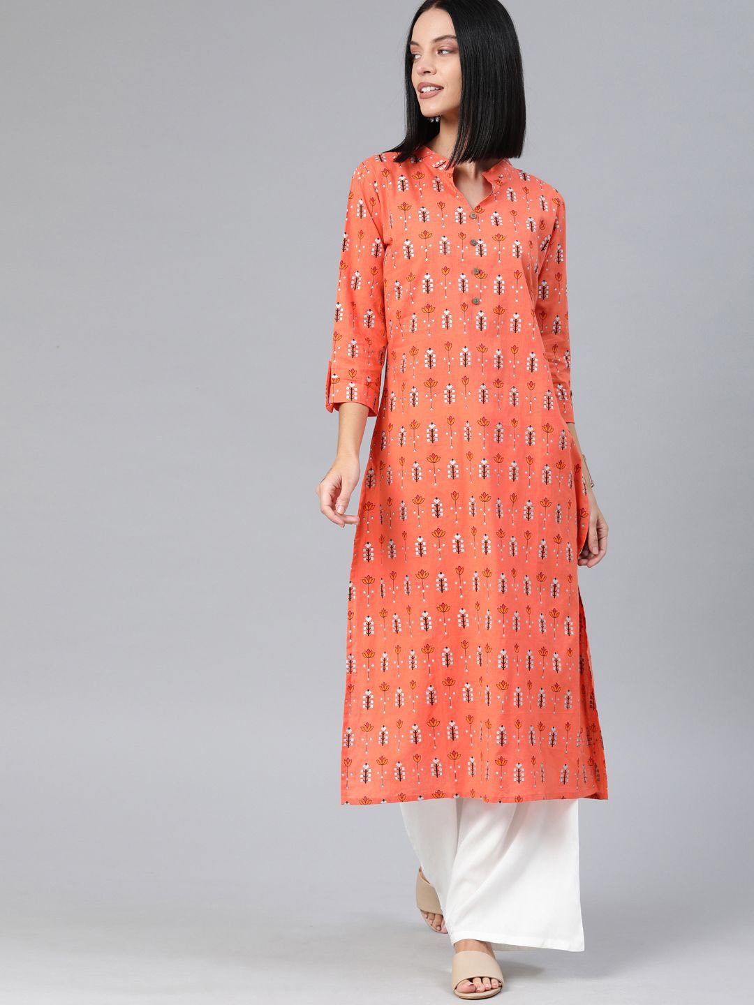 

Swishchick Floral Printed Mandarin Collar Cotton Straight Kurta, Orange