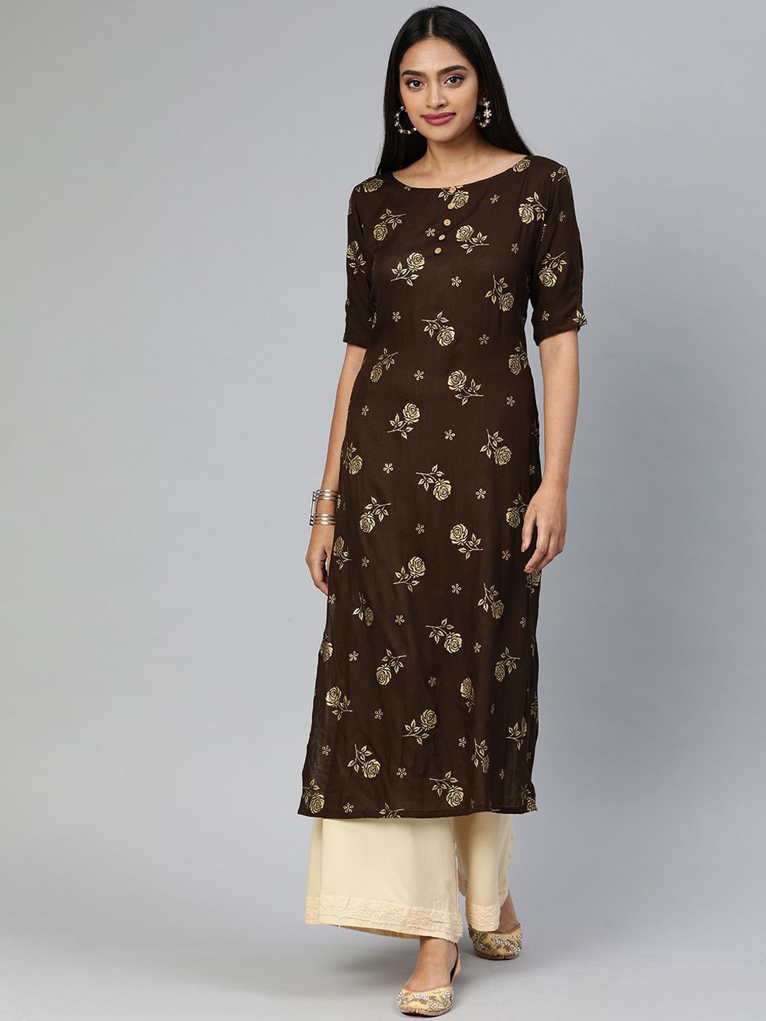 

Swishchick Floral Printed Round Neck Straight Kurta, Brown