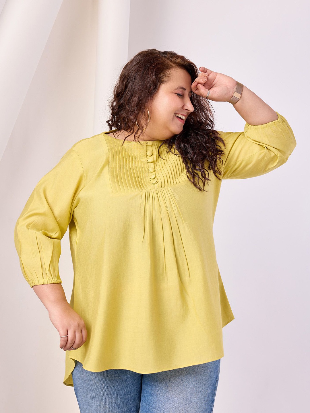 

BAESD Tie-Up Neck Ethnic Cotton Blend Round Neck Solid Top, Yellow