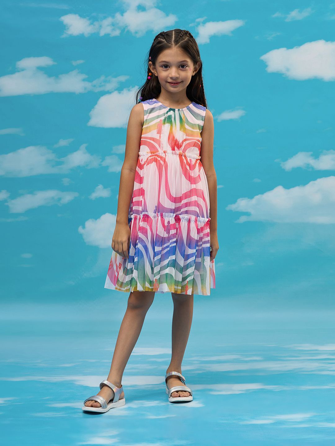 

LIL DRAMA Girls Printed Round Neck Sleeveless A-Line Dress, White