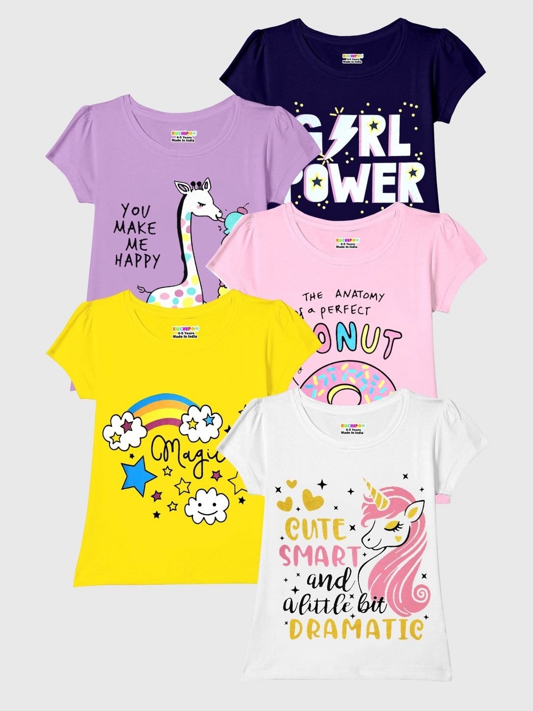 

KUCHIPOO Pack Of 5 Girls Humour and Comic Printed Round Neck T-shirt, Pink