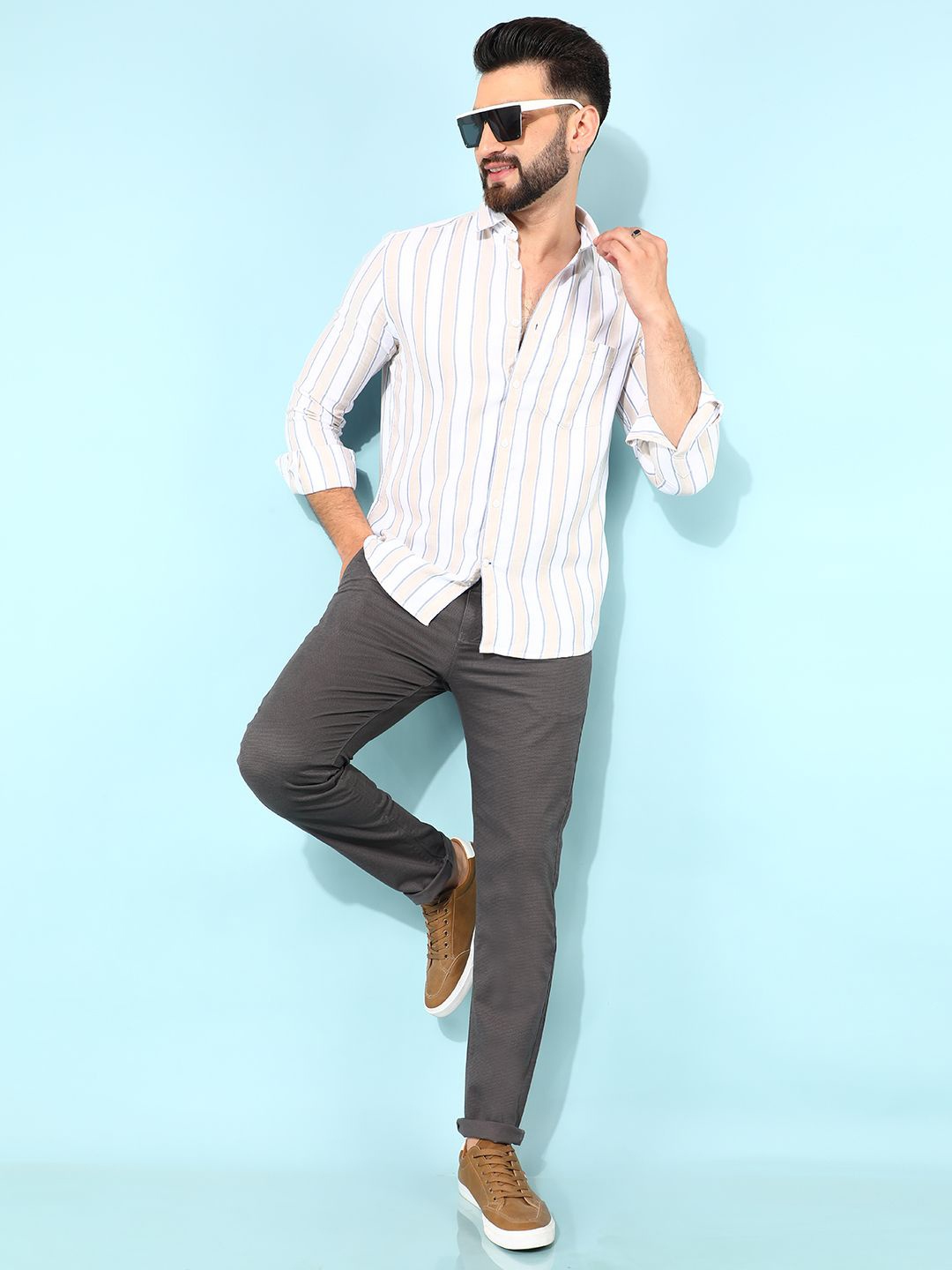 

Crimsoune Club Men Classic Slim Fit Striped Casual Shirt, Beige